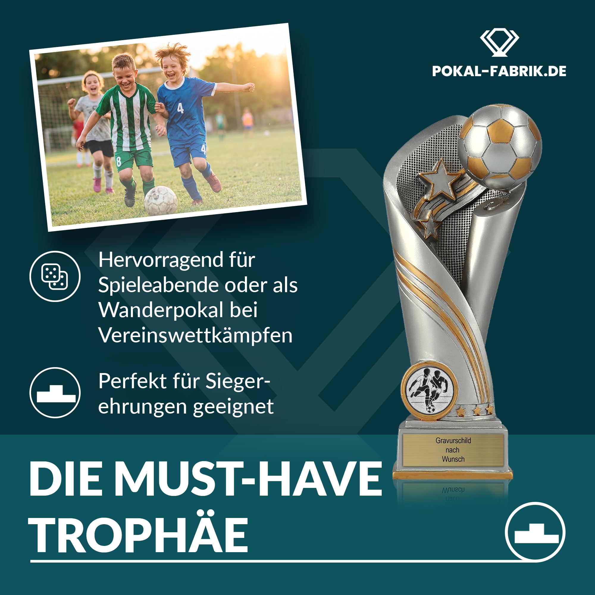 Pokal-Fabrik - Fussball Pokal mit Gravur Wunschtext & Sportemblem - Einzeln / 3er Set - Gold/Silber Resin Trophäe – personalisierte Auszeichnung für Fußball WM, Sport Events & Wanderpokal