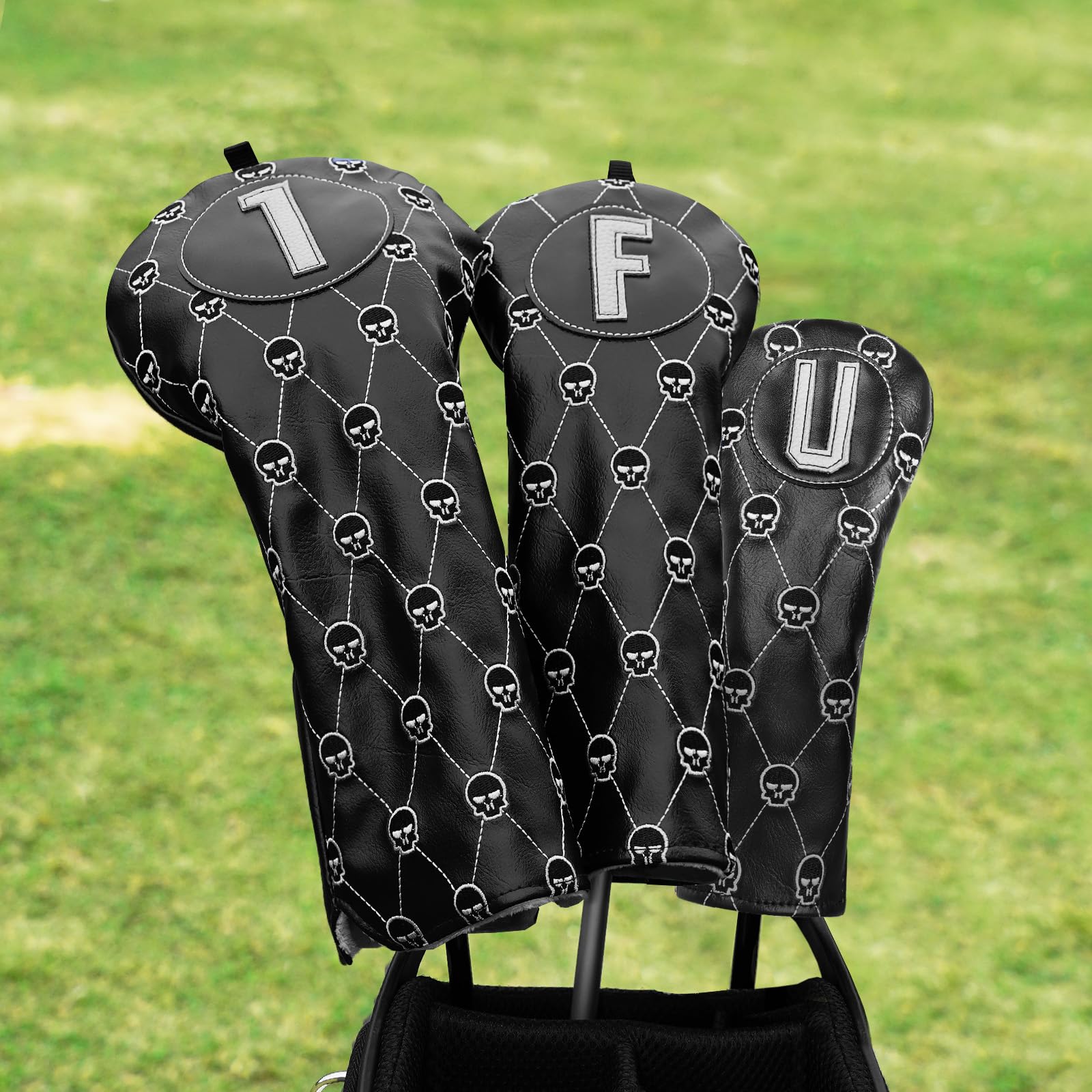 Golfschlägerhauben aus Holz für Fahrer/Fairway/Hybrid/(1.F.U), schwarzes PU-Leder, Totenkopf-Muster