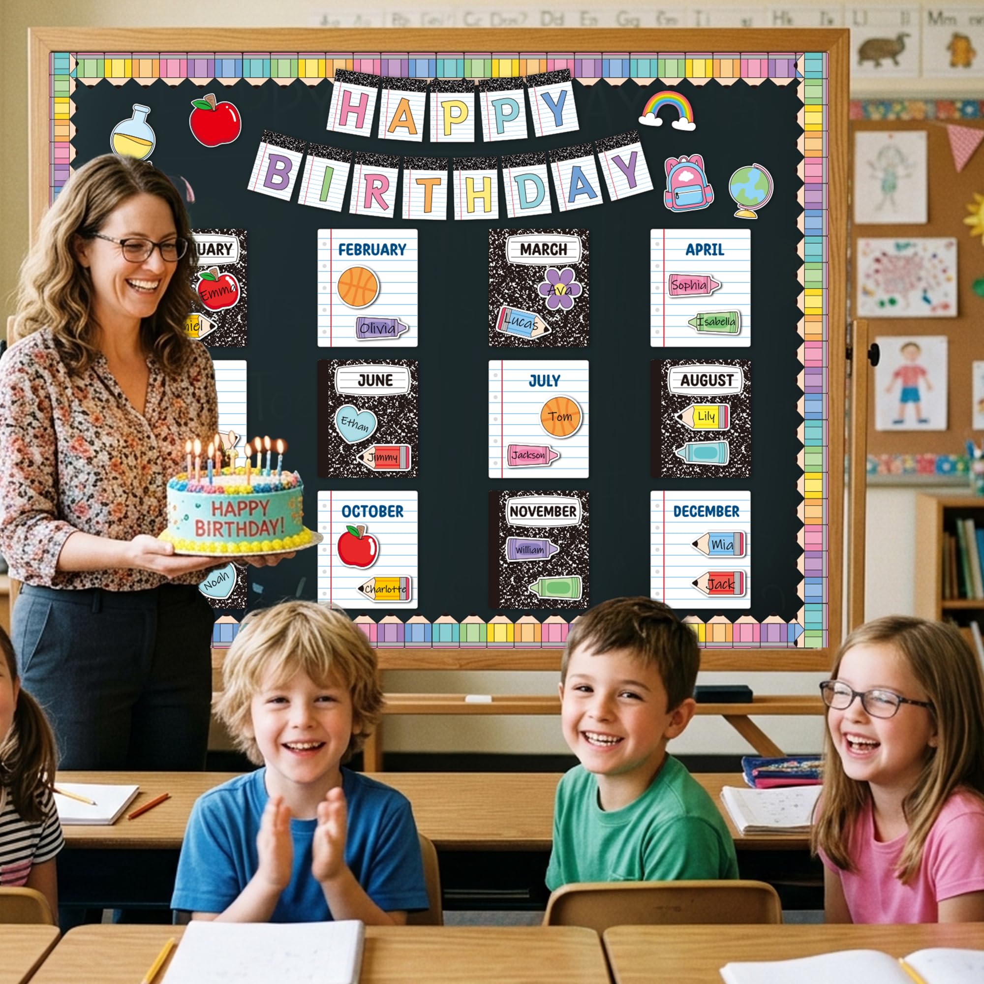 TICIAGA Carnet de composition pour tableau d'affichage d'anniversaire – 76 pièces avec découpes pour fournitures pour enseignants de salle de classe, crayon coloré pour la rentrée scolaire, étiquette