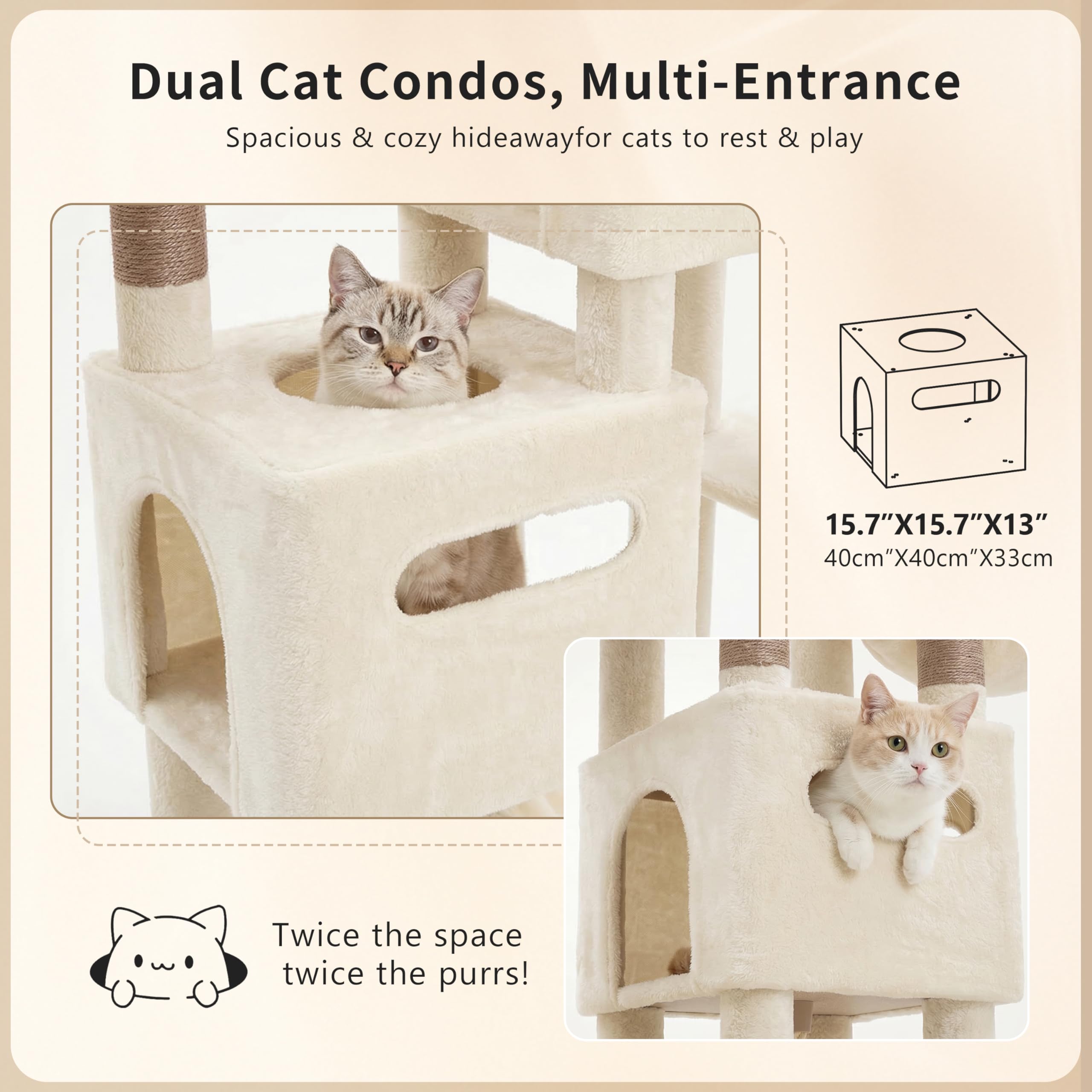 Heybly Árbol Rascador para Gatos Grandes, 190 cm Rascador para Gatos XXL, Torre Alta y Espaciosa con Amplia Plataforma Superior, Base Estable, 2 Casitas, Hamaca y Postes de Sisal, Beige HCT062MJ