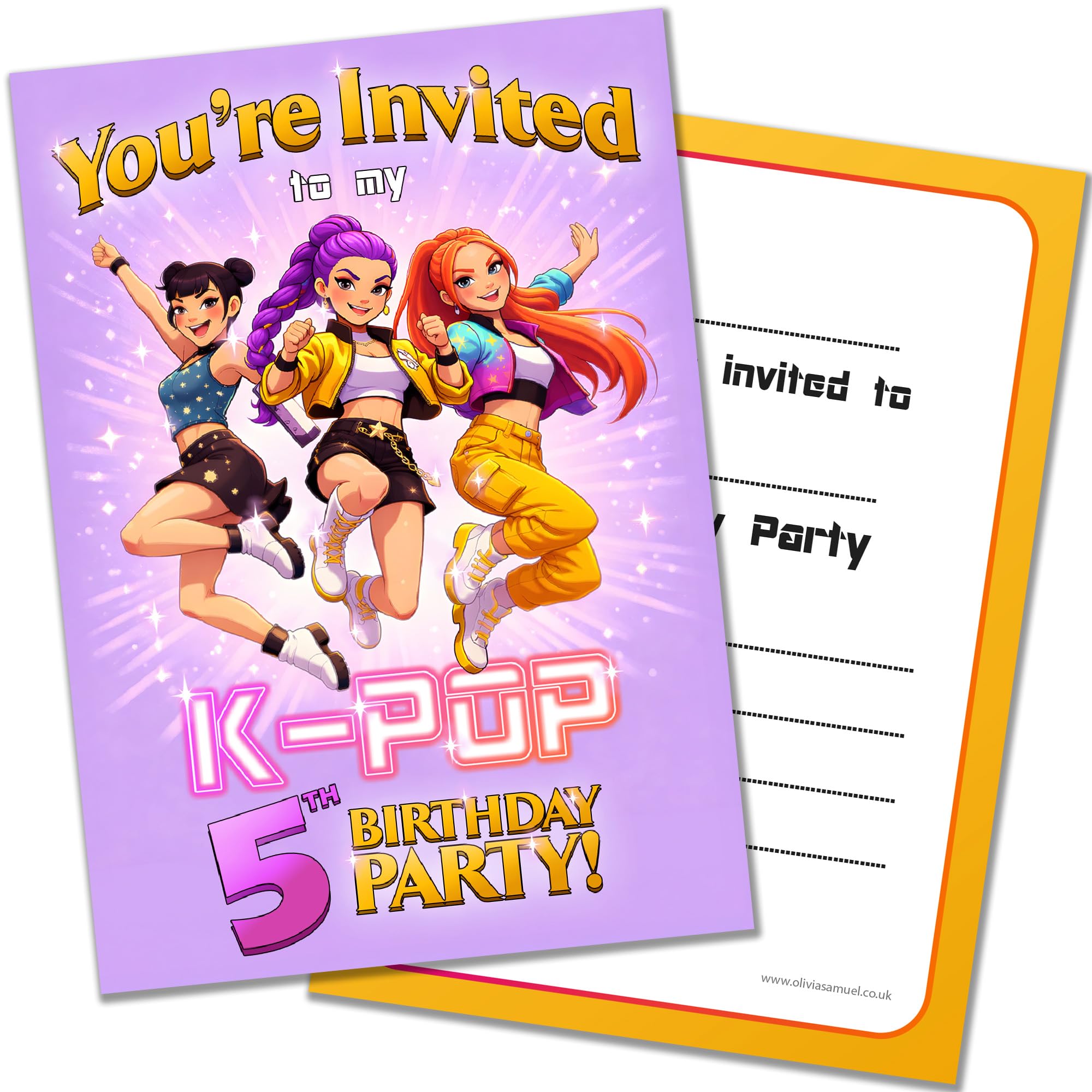PACK 20 K Pop 5th Birthday Party Invitations with Envelopes Cartoon Animated Design Double Sided Cards Designed and Printed in the UK