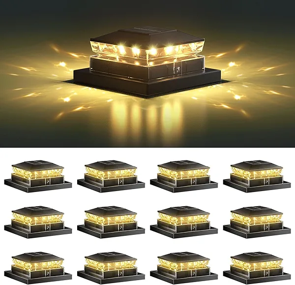 12 Pack Solar Post Cap Light,Black Solar Powered Fence Light, 4x4 IP65 Waterproof Outdoor Post Solar Lights for Garden & Patio Deck Lights for 3.5x3.5,4x4,5x5 Wood & Vinyl Posts Warm White Lighting