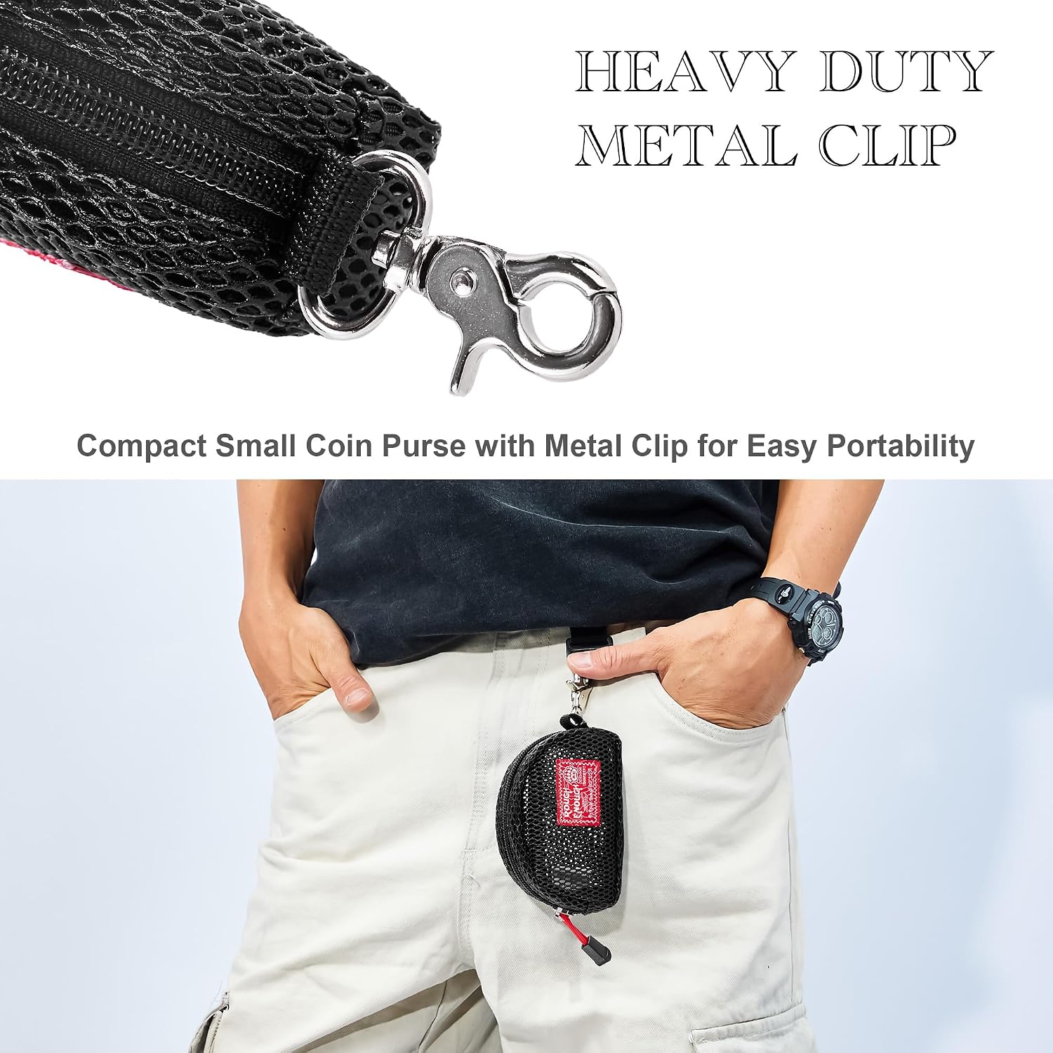 Rough Enough Small Coin Purse Pouch Change Card Holder with Zipper Clip on Buckle for Men Women Black Mesh