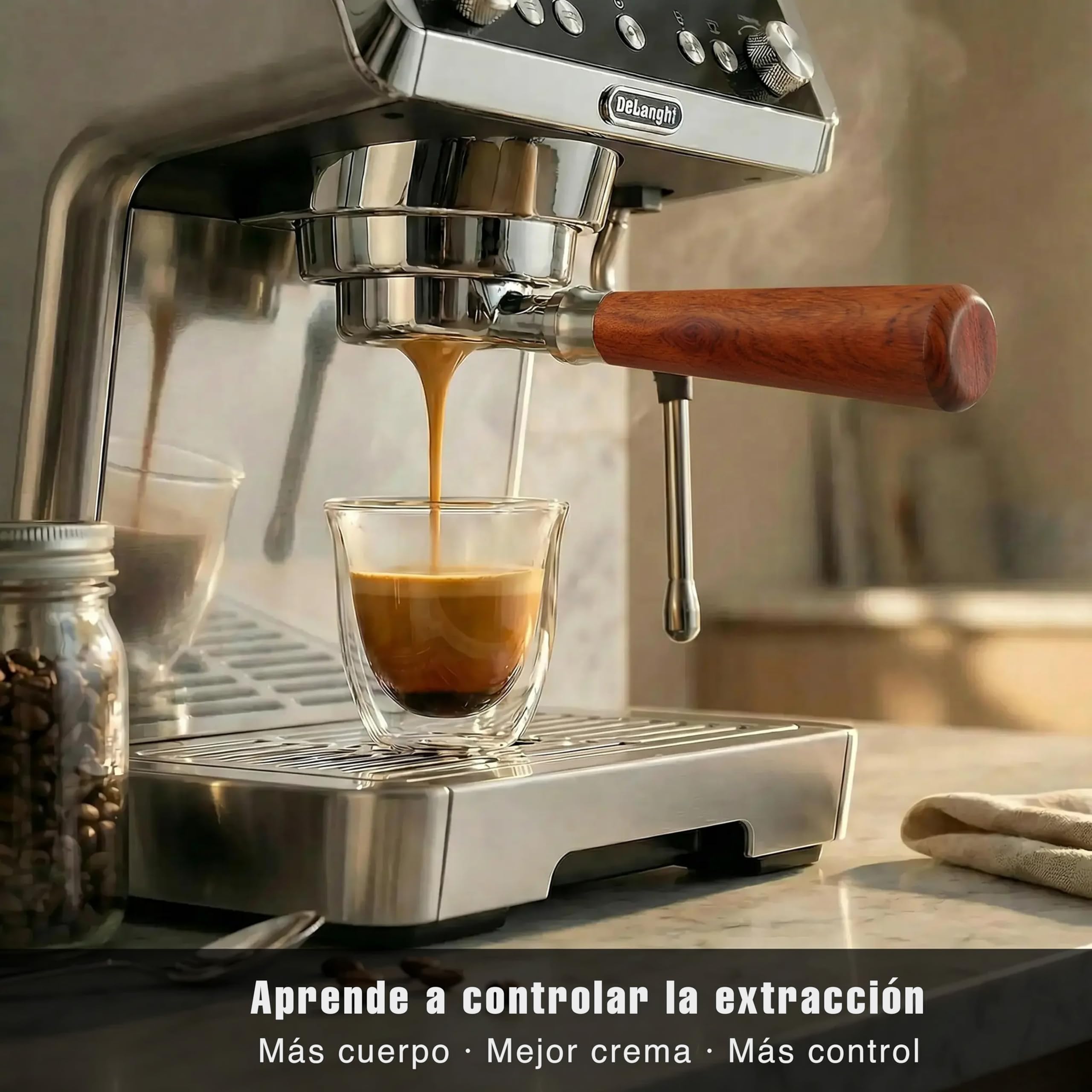 Portafiltro Sin Fondo 51mm para Espresso Preciso, Compatible con Portafiltro Delonghi Dedica, Incluye Kit Barista 51mm para una Preparación más Consistente, Madera Palosanto