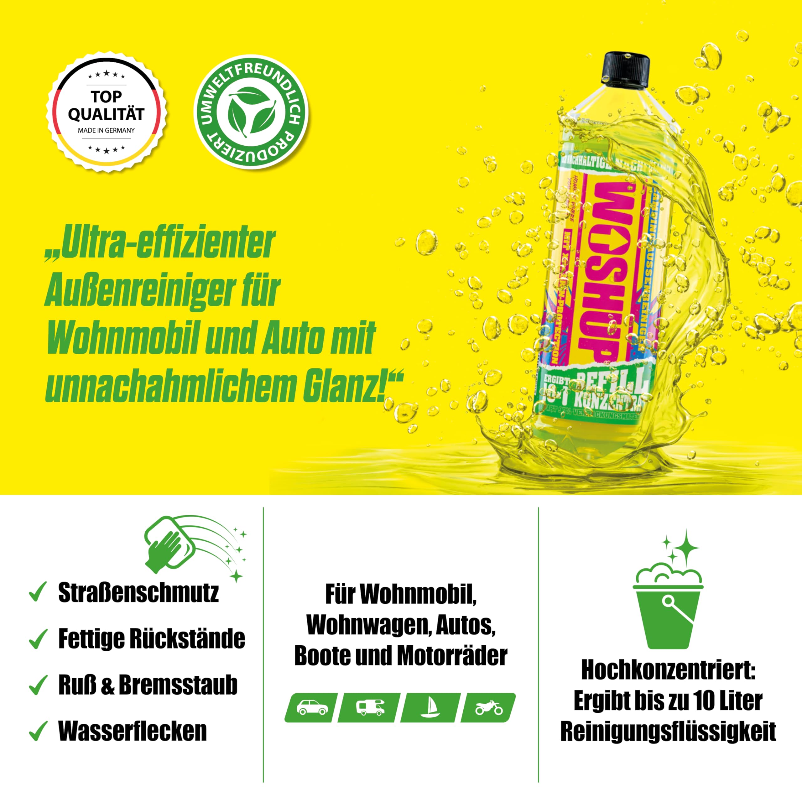 Detergente per roulotte/camper con effetto Xtra Skin – 1000 ml – detergente esterno – concentrato per campeggio, caravan, tenda, tenda da sole, vetroresina e alluminio (1 litro)