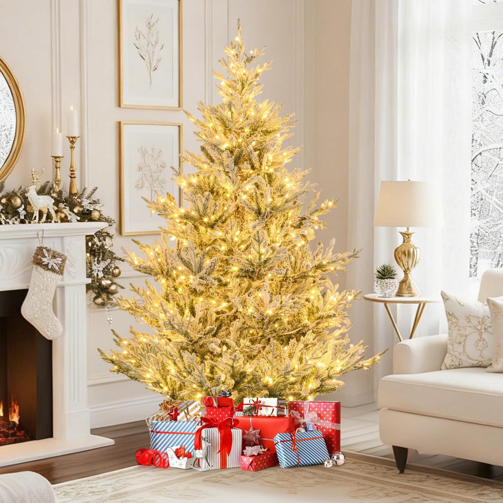 COSTWAY 210 cm Künstlicher Weihnachtsbaum mit Beleuchtung und Schnee, Tannenbaum mit warmweißen LED-Lichtern, 13 Modi, Timer, Einstellbarer Helligkeit, Christbaum, Kunstbaum Weihnachten für Zuhause