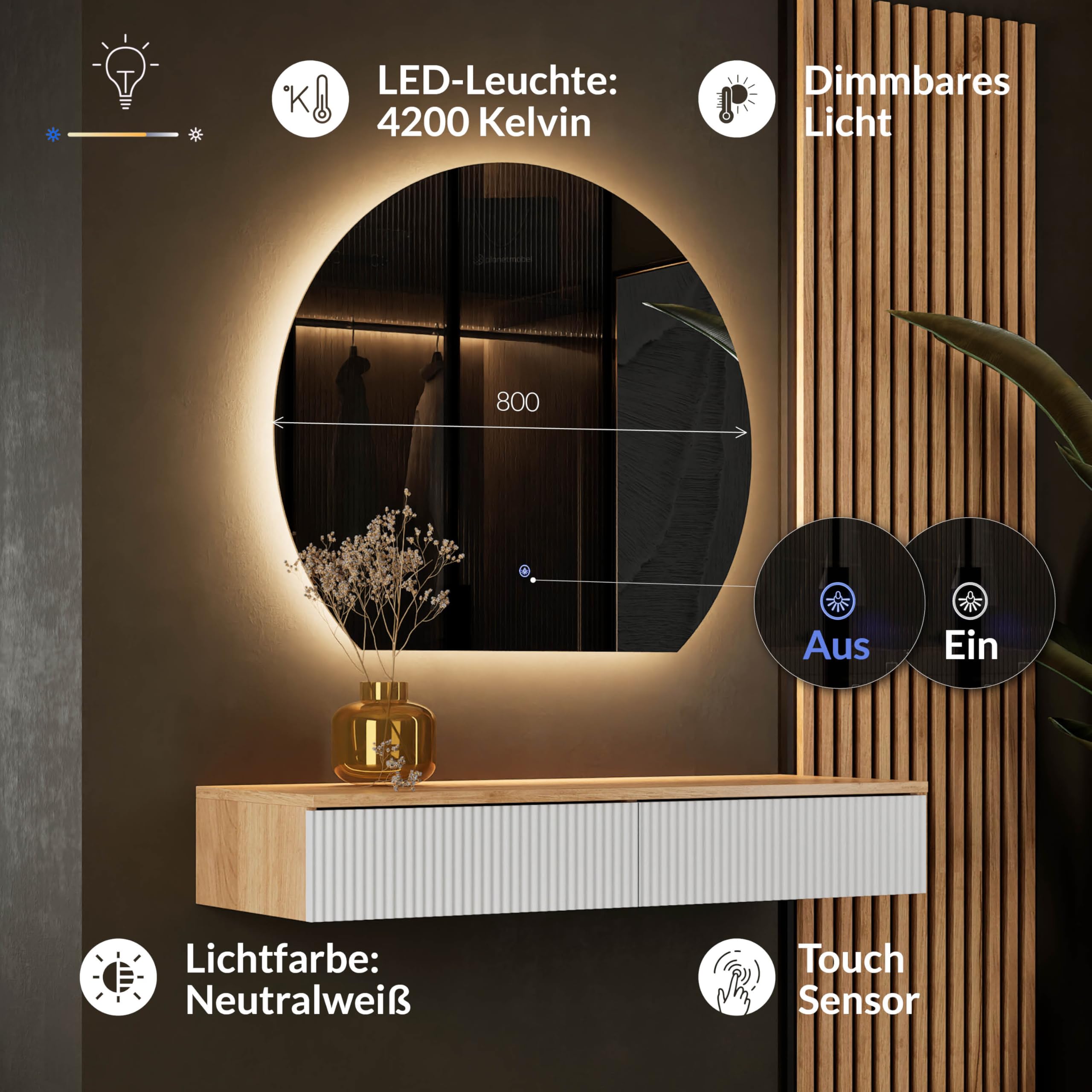Planetmöbel Set di Guardaroba per Ingresso con Consolle 100 cm incluso Specchio con Illuminazione Semicircolare, Consolle da Parete 100 x 16 x 35 cm (Rovere Dorato/Bianco), Specchio da Parete Aube 80