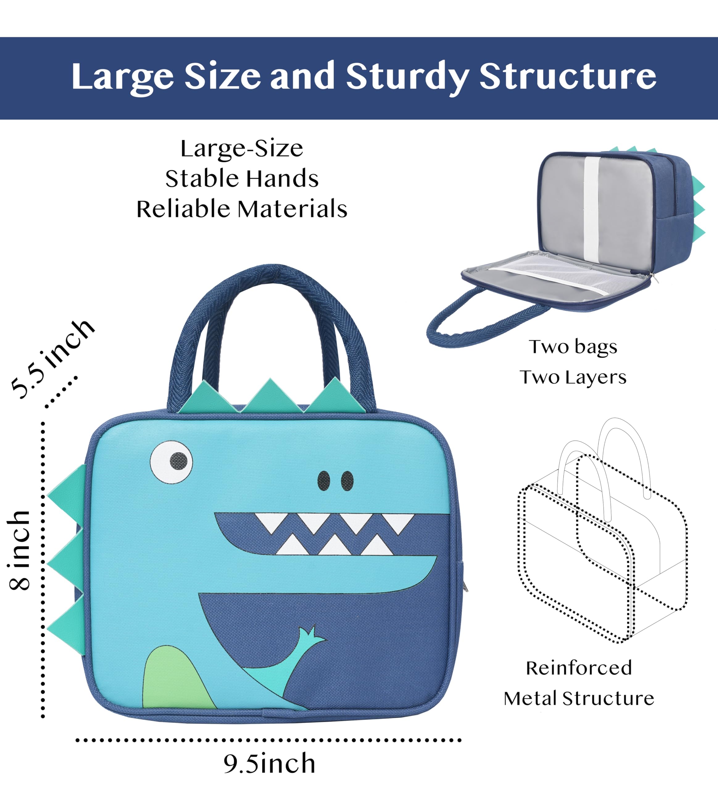 Insulated Lunch Box Bag for Kids, Reusable Durable Lightweight Lunch Bag for Girls Boys, Keep Food Cold/Warm, Dinosaur