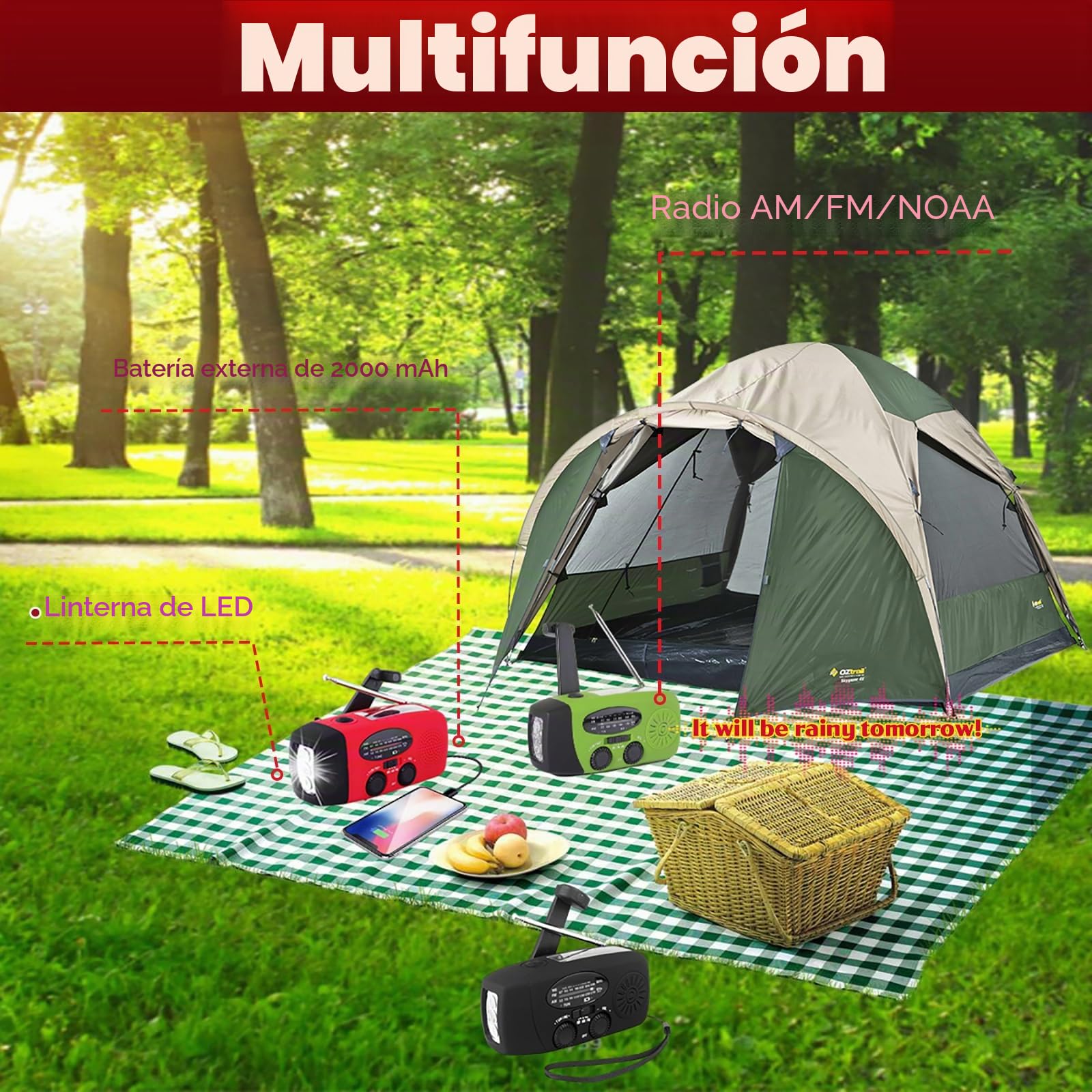 Radio solar portátil con meteorología AM/FM/NOAA, generador de manivela, 2000 mAh, cargador USB para teléfonos móviles, linterna LED, para emergencias, camping, pesca (rojo)