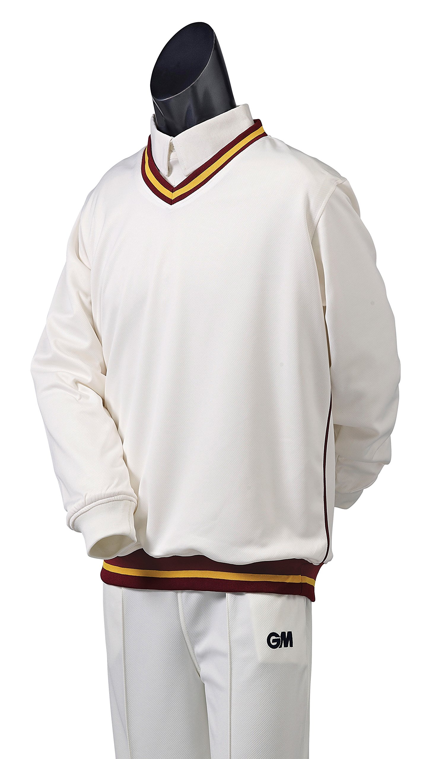 Gunn & Moore GM | Cricket Sweater Pullover | Teknik - Shell Fabric with Fleece Lining | Long Sleeve | Off White with Maroon & Amber Trimmed Collar & Hem | Small Junior to fit chest 27"