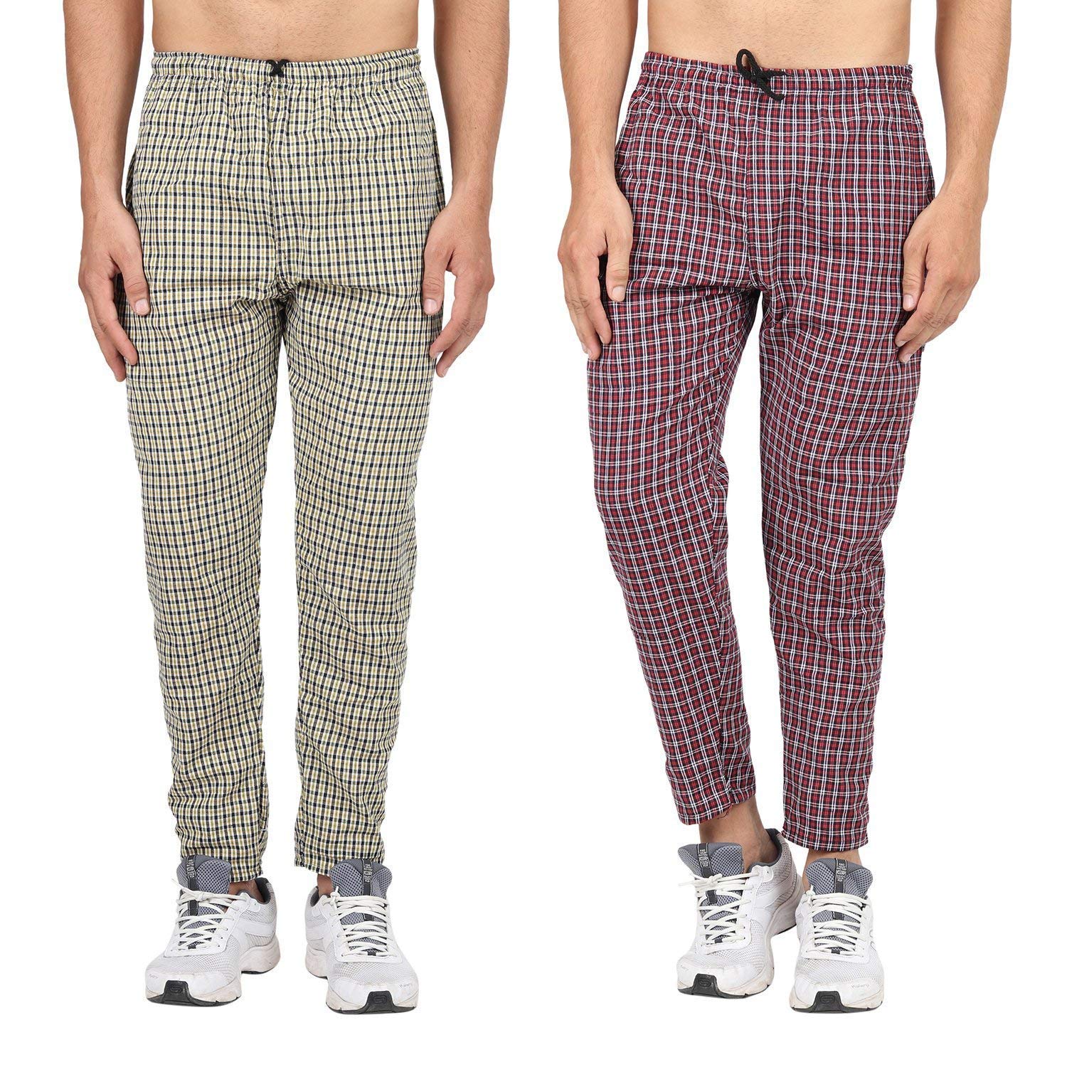GenericMen's Cotton Checkered Printed Pyjama, Pajamas Colors -(Red, Yellow ( Pack of 2 )