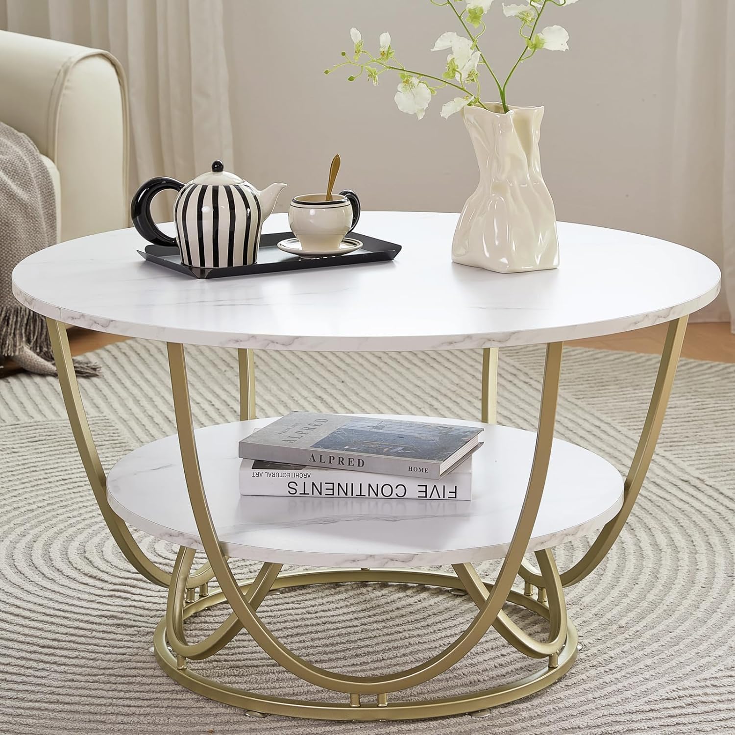 Ereteken ART Round Gold Coffee Table,2 Tier Coffee Tables for Living Room,Circle Coffe Table with Storage Modern Center Tea Table Wooden Faux Marble Top Metal Legs Accent Table (Golden White) (B0CTFGH4CF) Amazon Price History, Amazon Price Tracker