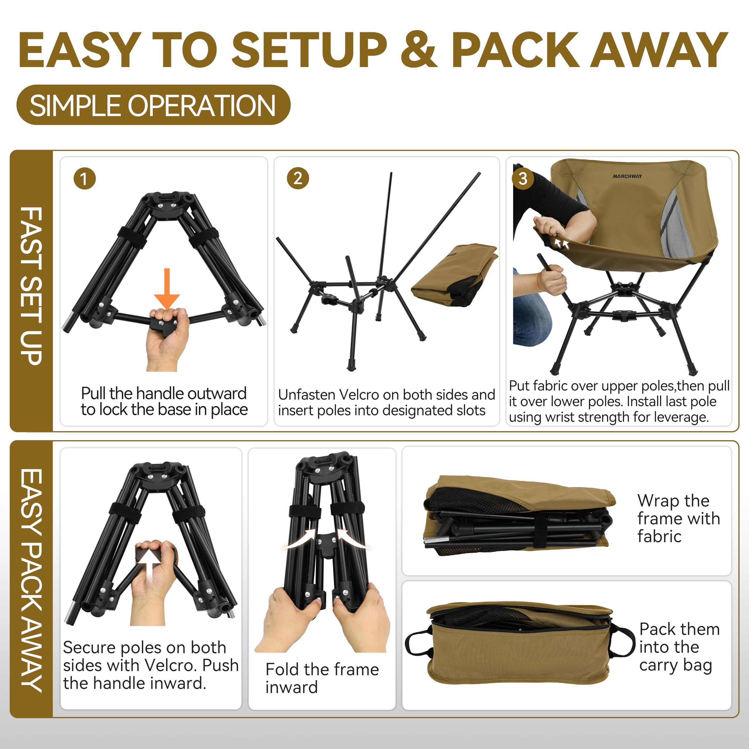 MARCHWAY Silla de camping plegable ligera, estable y portátil compacta para campamento al aire libre, viajes, playa, picnic, festival, senderismo, mochilero, soporta 330 libras (caqui)