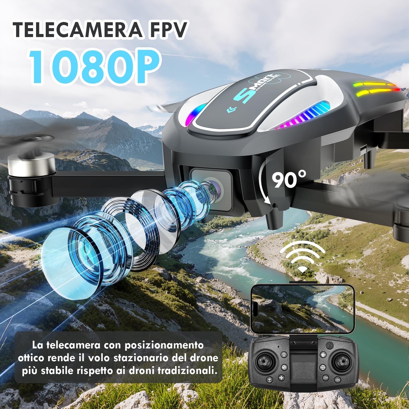 Drone pieghevole con fotocamera 1080P, flusso ottico e 2 batterie