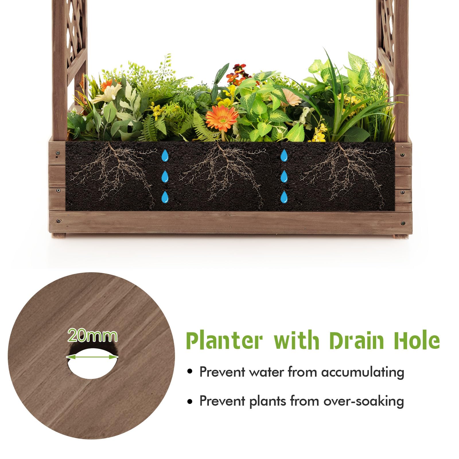 HOMASIS Fioriera da Esterno con 2 Grigliati e Tettuccio, Fioriera con Spalliera in Legno, Vasi per Piante da Esterno per Piante Rampicanti da Balcone (Marrone, 100 x 44 x 113,5 cm)