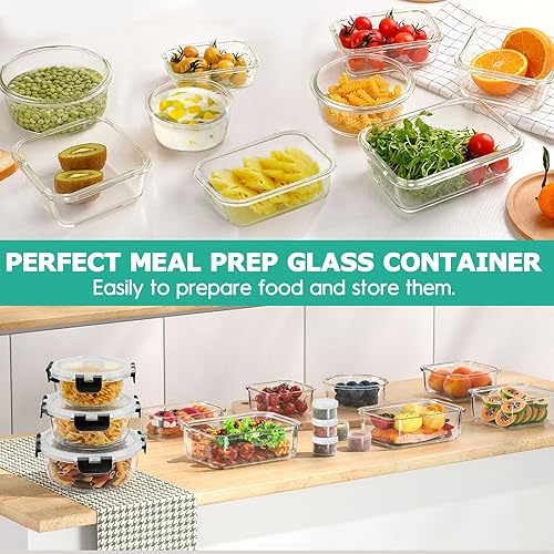 Miniatura 6 de 34 recipientes de vidrio para almacenamiento de alimentos con tapas, recipientes herméticos de vidrio para preparación de comidas (17 recipientes y