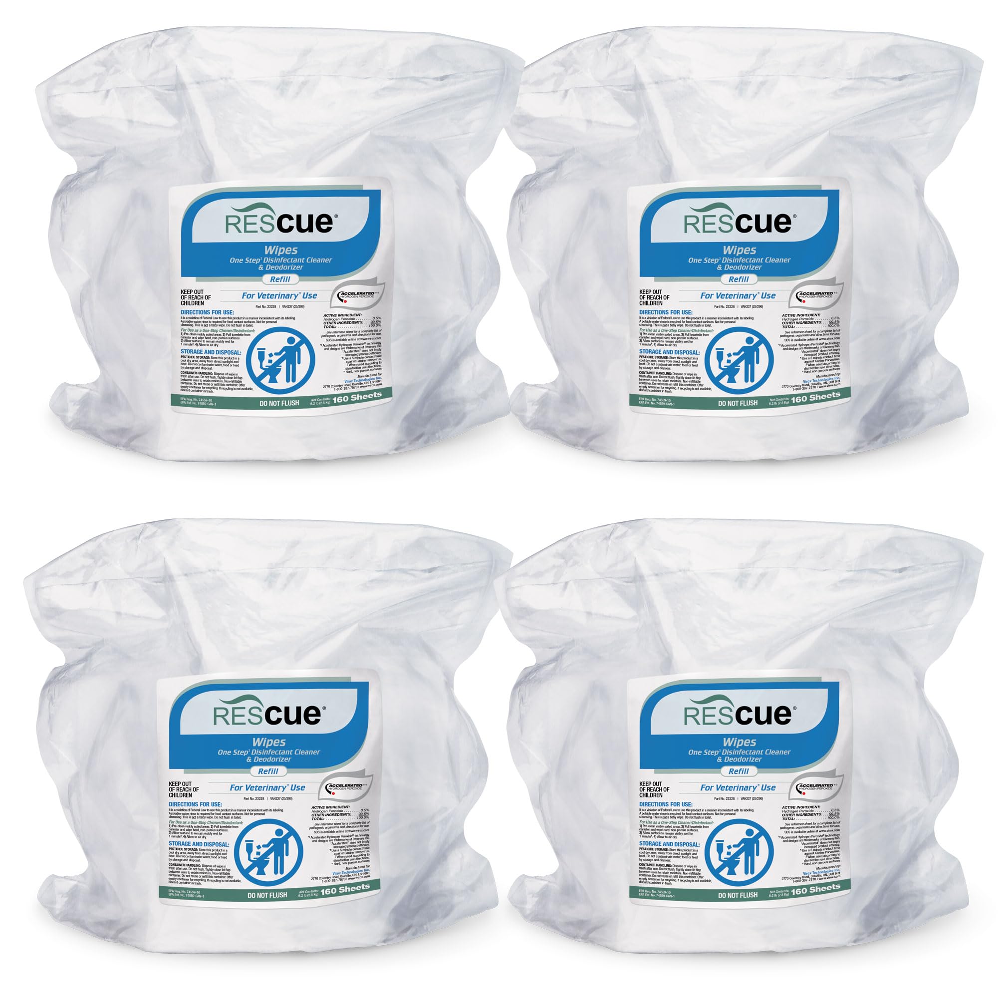 REScue One-Step Disinfectant Cleaner &amp; Deodorizer Wipes for Vet Use – Cleaner for Kennels, Litter Boxes, Vet Offices, Pet Grooming Surfaces – Extra Large Wipes, 160-Count Bucket Refill (4 Pack)
