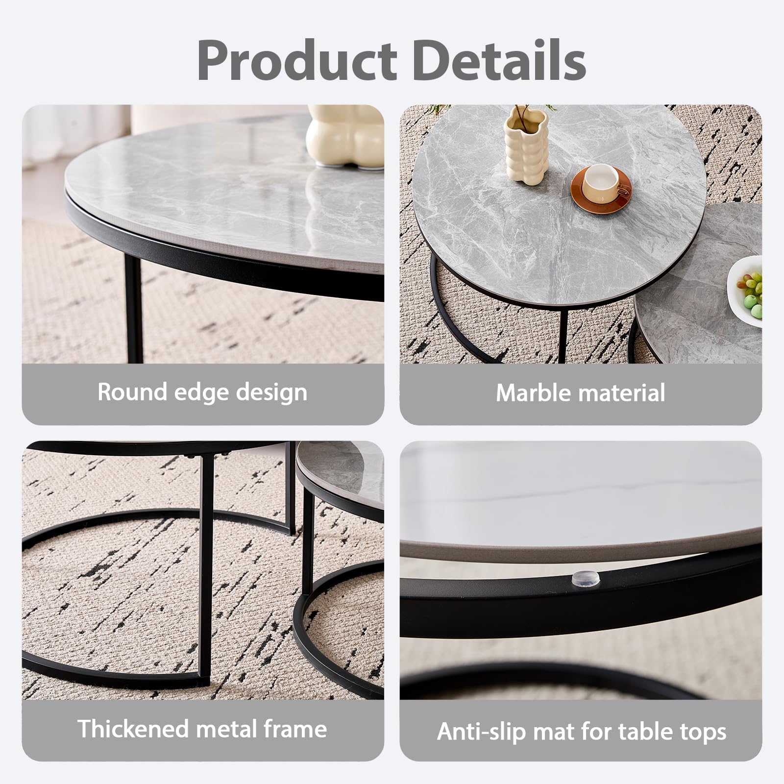 GrandCA HOME Conjunto de 2 Mesas de Centro Redondas, Modernas Mesas Nido para Salón, Estructura de Metal Negro, 50cm y 70cm, Fabricadas en Mármol Gris y Piedra Sinterizada