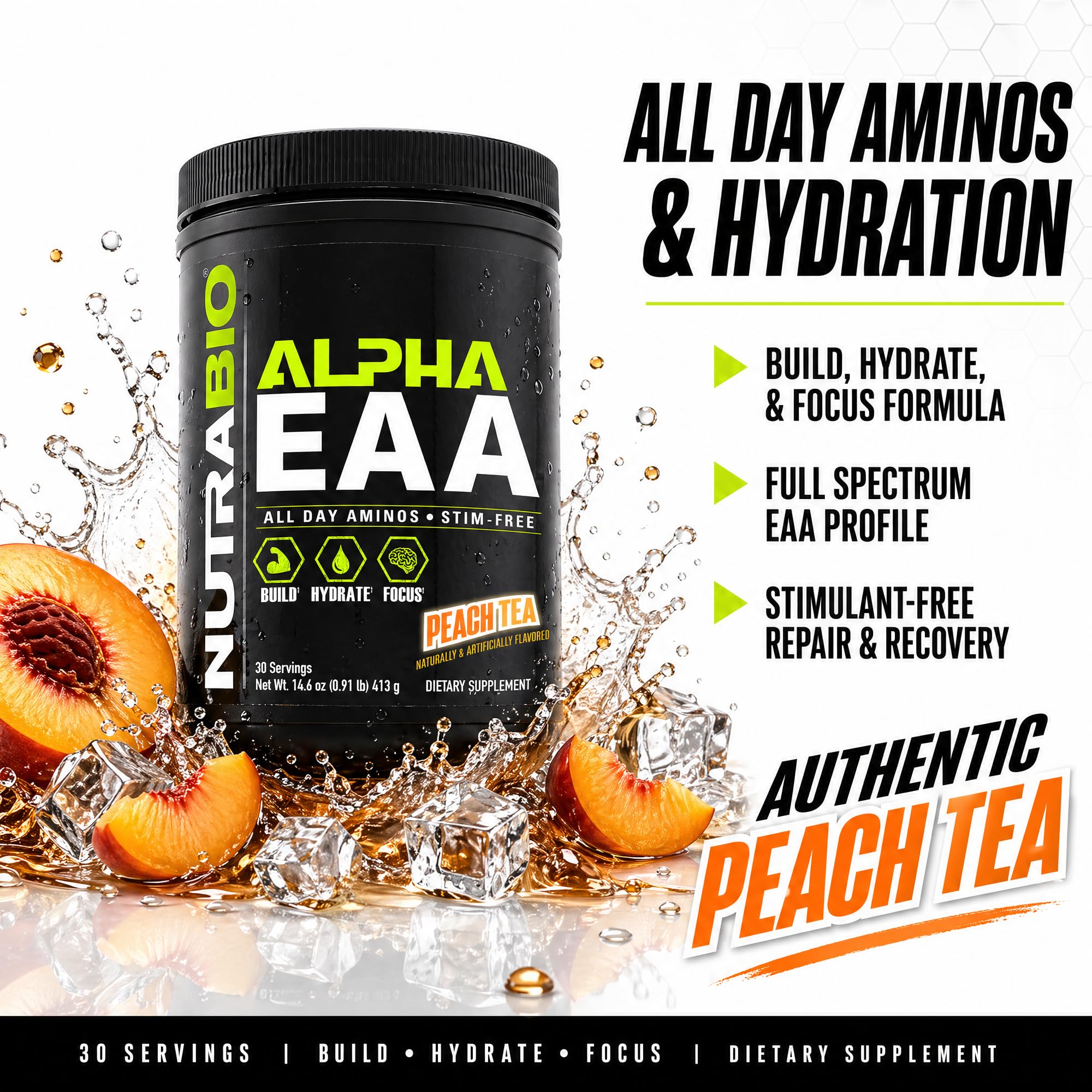 NutraBio Alpha EAA - All-Day Amino Acids for Muscle Growth and Hydration - Essential Amino Acids with Nootropics & Adaptogens- Full Spectrum EAA BCAA Powder - 30 Servings - Peach Tea — Amazon image 2