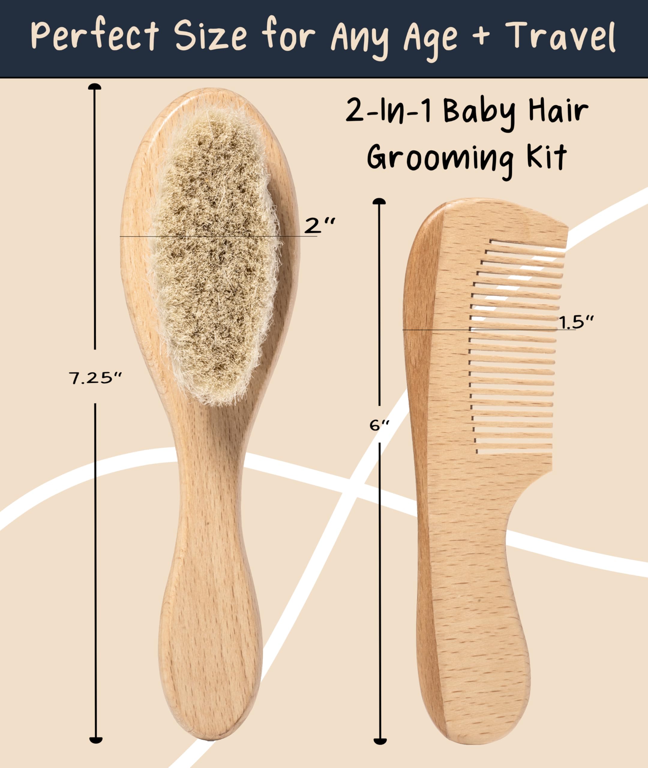 Worthies Baby Hair Brush & Comb Set, Wood Hair Brush with Soft Goat Bristles and Comb, Newborn Infant & Toddler for Cradle Cap