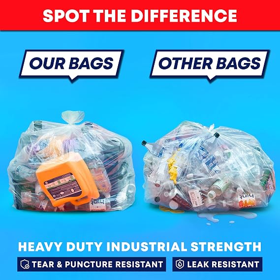 Veska 65 Gallon Clear Trash Bags, (50 Bags w/Ties) Clear Recycling Plastic Garbage Bags. 60 Gallon, 64 Gallon, 65 Gallon Trash Bags