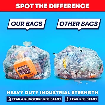 Veska 65 Gallon Clear Trash Bags, (50 Bags w/Ties) Clear Recycling Plastic Garbage Bags. 60 Gallon, 64 Gallon, 65 Gallon Trash Bags