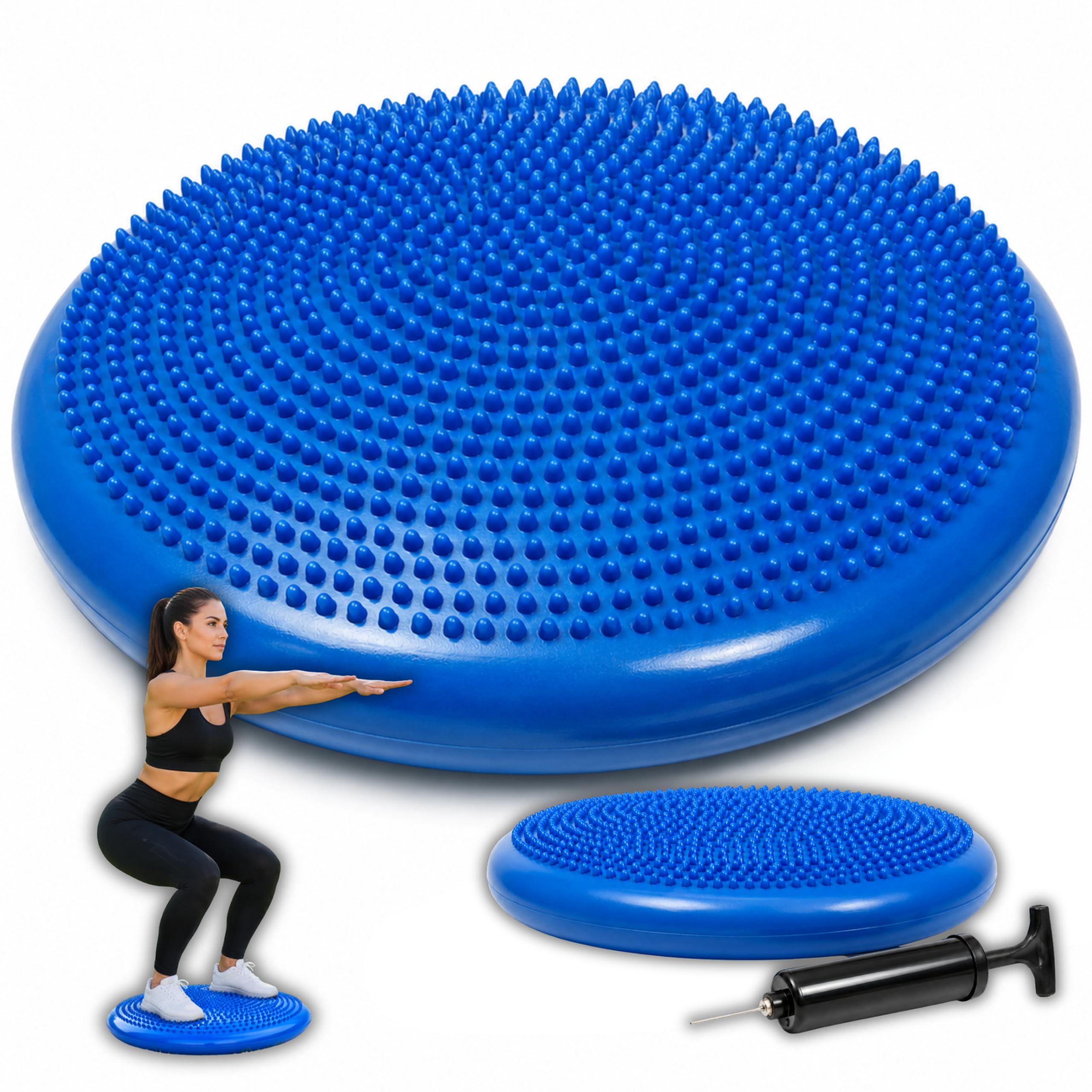 Poduszka Sensomotoryczna do Ćwiczeń Równowagi, Niebieska, PVC, Średnica 33 cm, z Pompką, Wypustki Sensoryczne, do 200 kg
