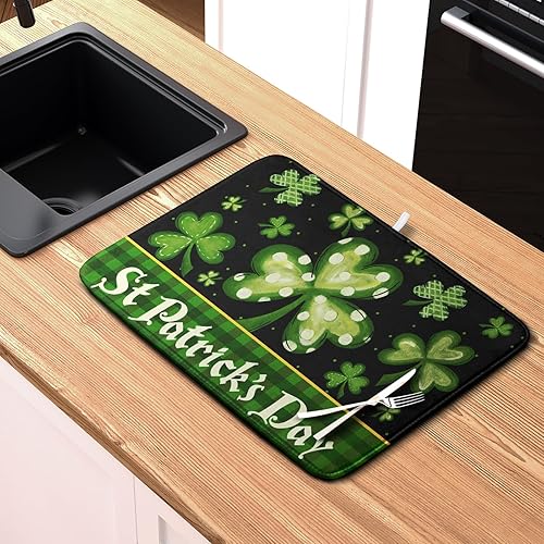 Vista 150 de Tapete de secado de platos con hojas de palma tropicales para encimera de cocina, 18 x 24 pulgadas, tapete de secado de cocina Monstera verde
