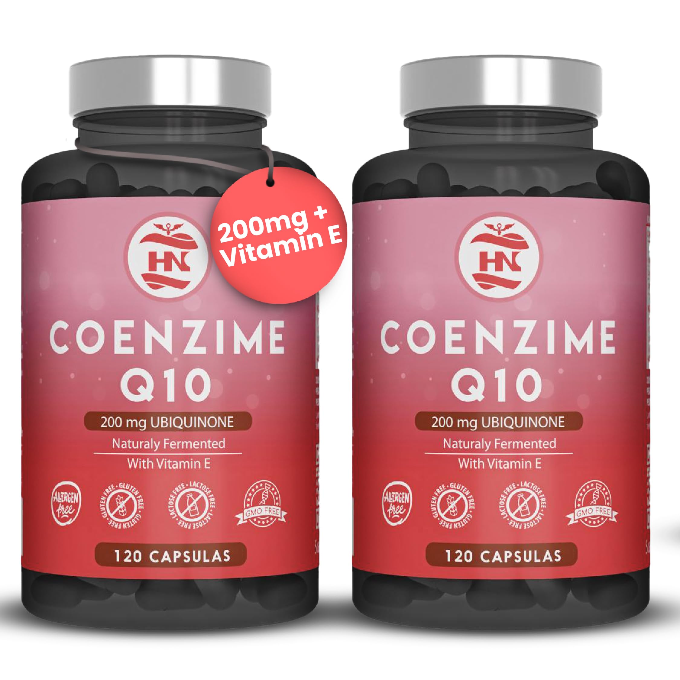 Coenzyme Q10 200 mg - 120 caps (2 pots) 100% fermentation naturelle, Q10 Coenzyme Ubiquinone augmente fonction musculaire et performance physique CoQ10 + Vitamine E