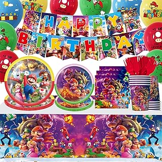 Super Mario Birthday Party Supplies Decorations included Mario Plates Napkins Cups Tablecloth Banners Balloons and Forks,Mario Bros Brothers Kart Party Supplies Decorations,Mario Party Favors