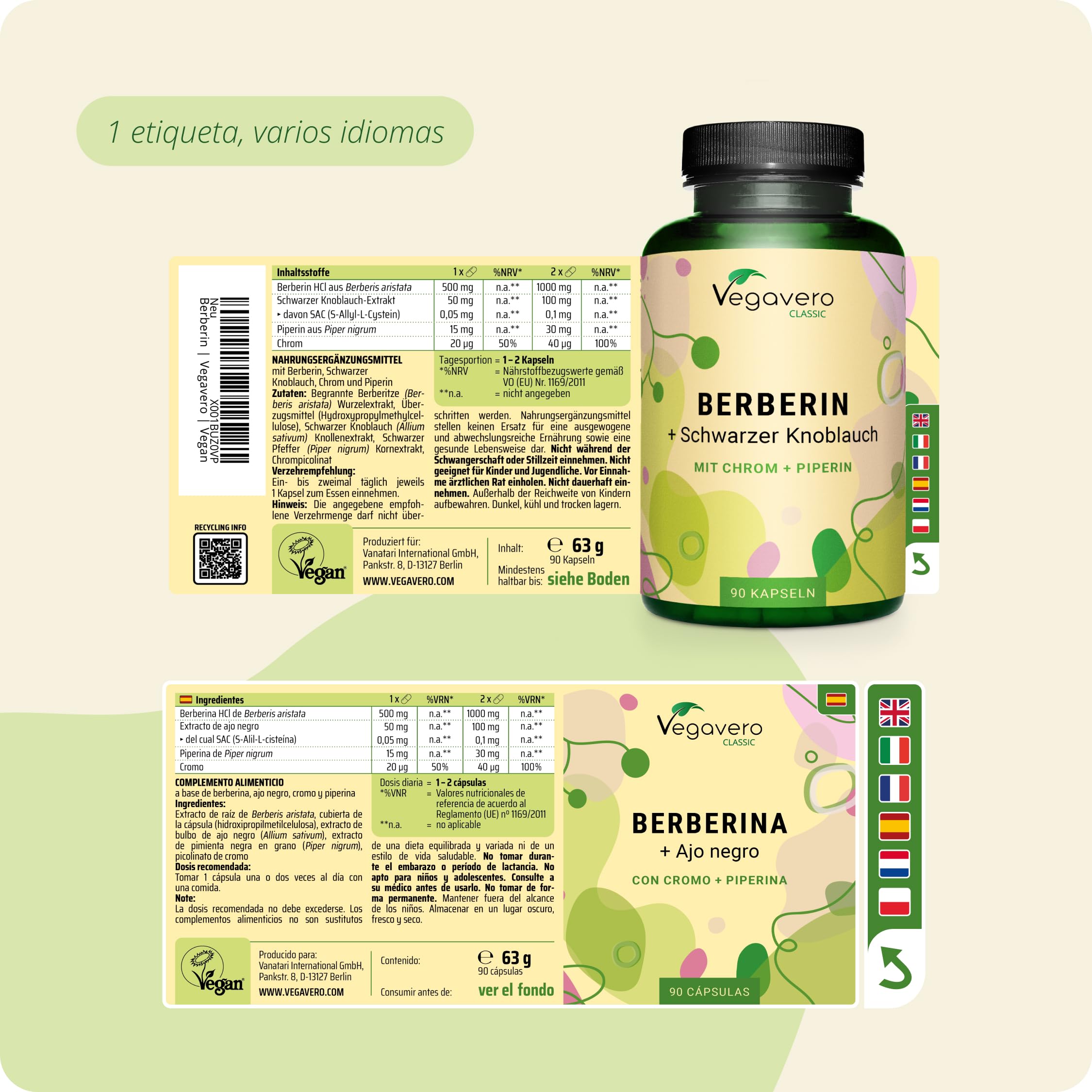 Berberina 1000 mg | Con Pimienta y Ajo Negro + Cromo | Bajar Colesterol + Para La Figura | Sin Aditivos | Vegano | Vegavero