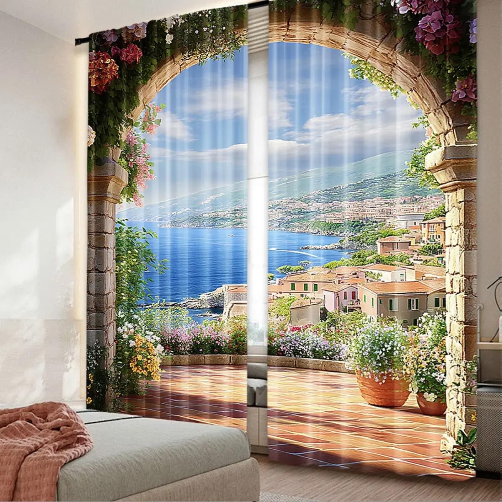 2 Stücke Mediterraner Garten Terrasse Verdunkelungsvorhang Romantisches Bogentor Mit Grünen Blättern Rebe Blühende Blumen Italienische Küste BxH/2x100x170cm ösen gardinen