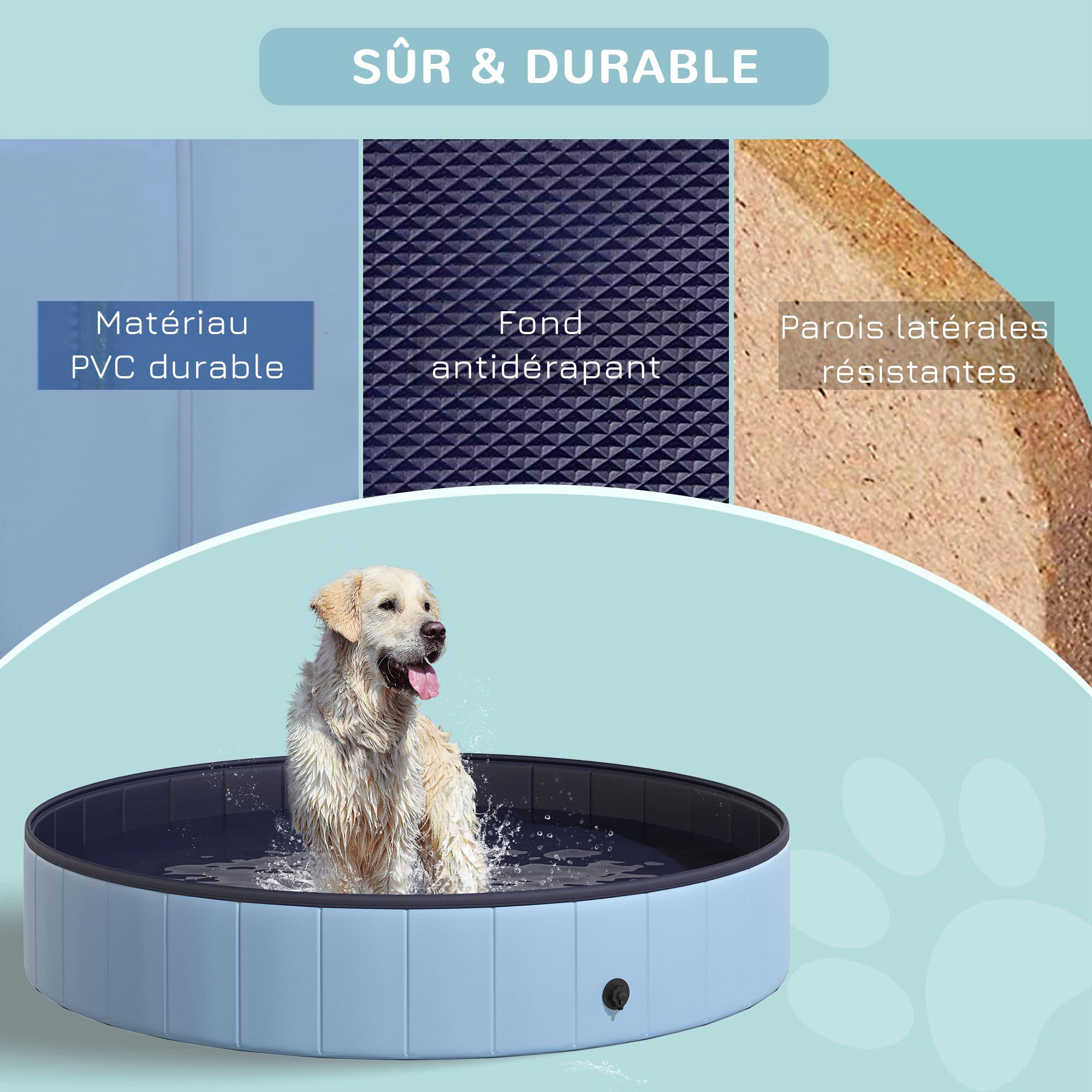 PawHut Piscine pour Chien Bassin PVC Pliable Anti-Glissant Facile à Nettoyer diamètre 160 cm Hauteur 30 cm Bleu