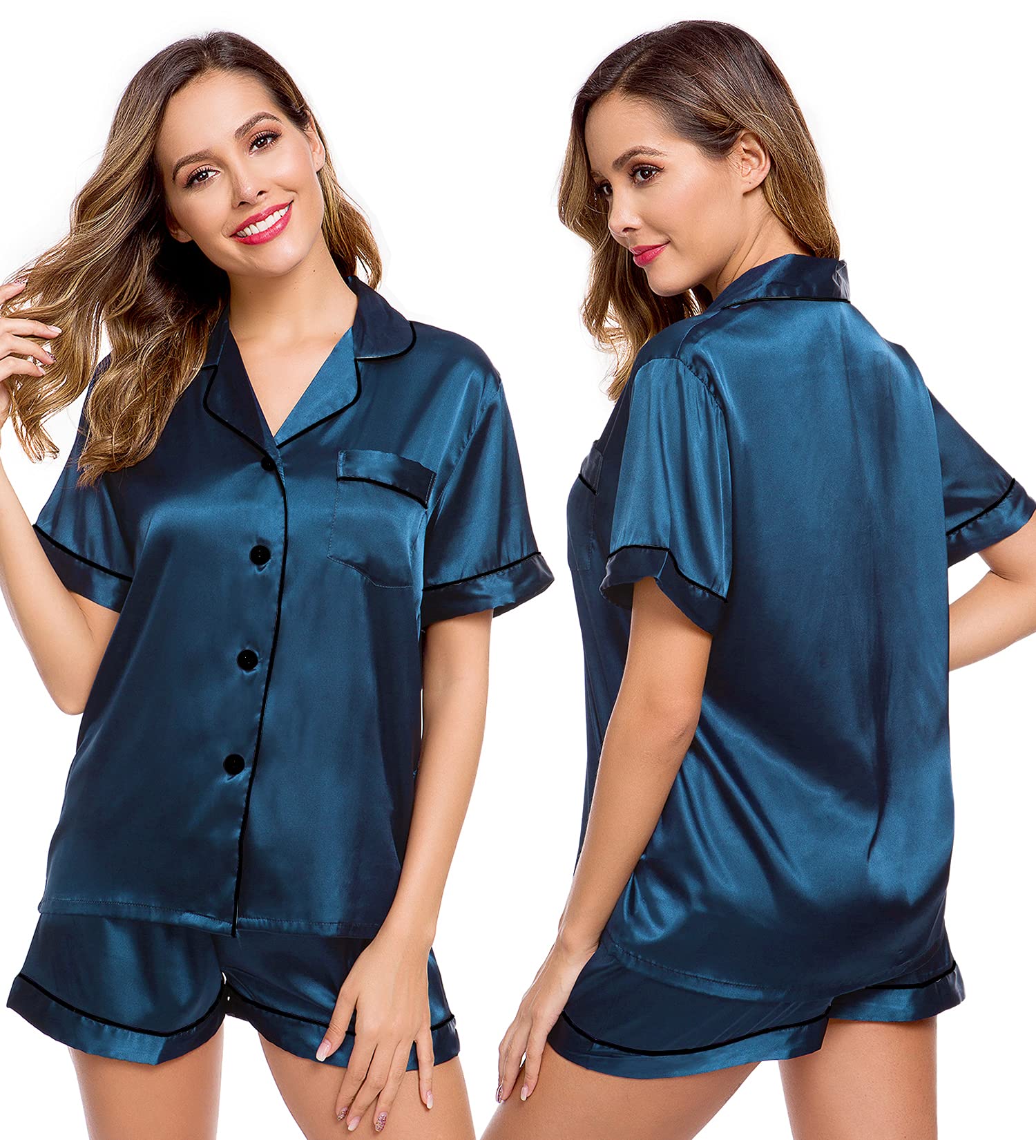 LecGee Womens Silk Satin Pajamas Set Short Sleeve Sleepwear Button Down Nightwear Soft Pj Lounge Sets
