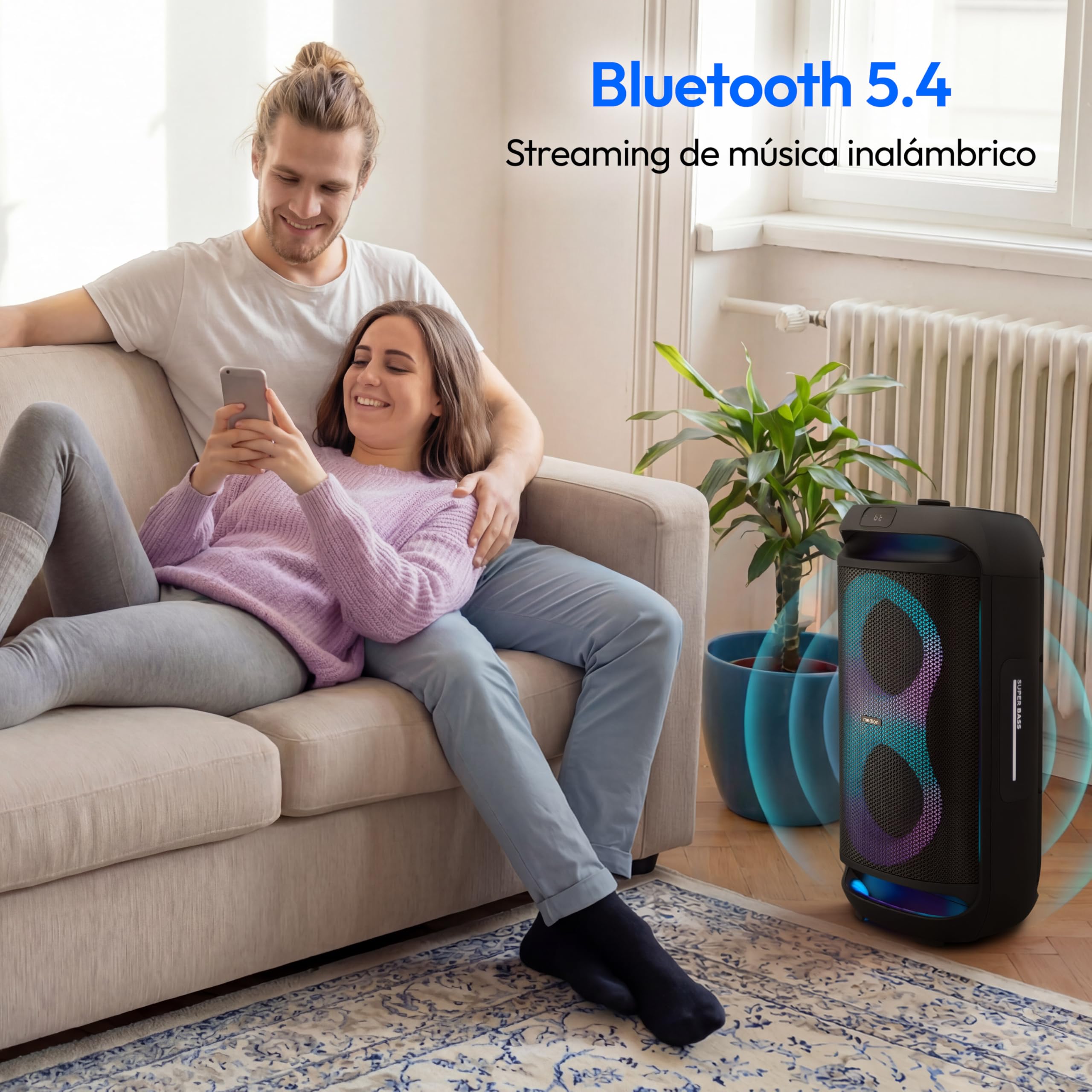 MEDION PE-2 Plus Partybox batería con micrófono - Altavoz Grande | Equipo de fiesta con karaoke, luces, entradas micro y guitarra, Bluetooth portátil, AUX, USB