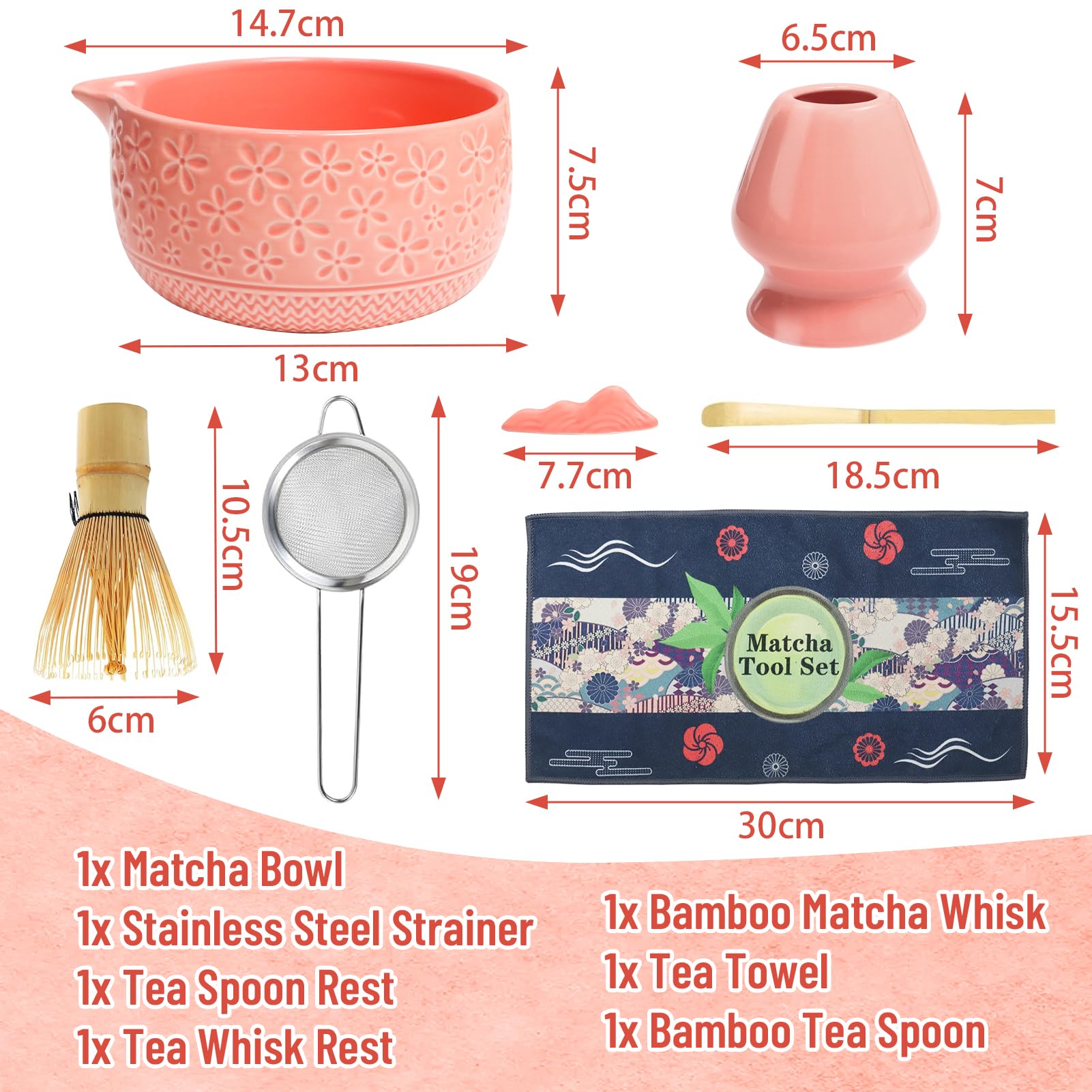 Kit Te Matcha de Cerámica 7 Piezas, Matcha Set con Cuenco de Matcha, Cuchara, Colador, Batidor, Portacucharasy Soporte para la Batidora, Kit Matcha Completo, Regalo para Navidad y Cumpleaños