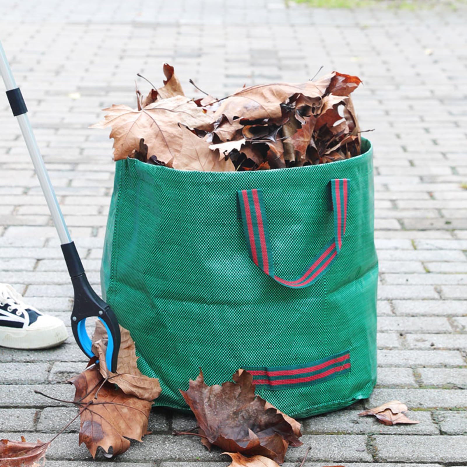 Bolsas de basura de jardín de 272 L, rastrillo de jardín de 9 dientes, sacos de basura de hojas de jardín impermeables con asas para recoger residuos de jardín, hierba y hojas de residuos vegetales