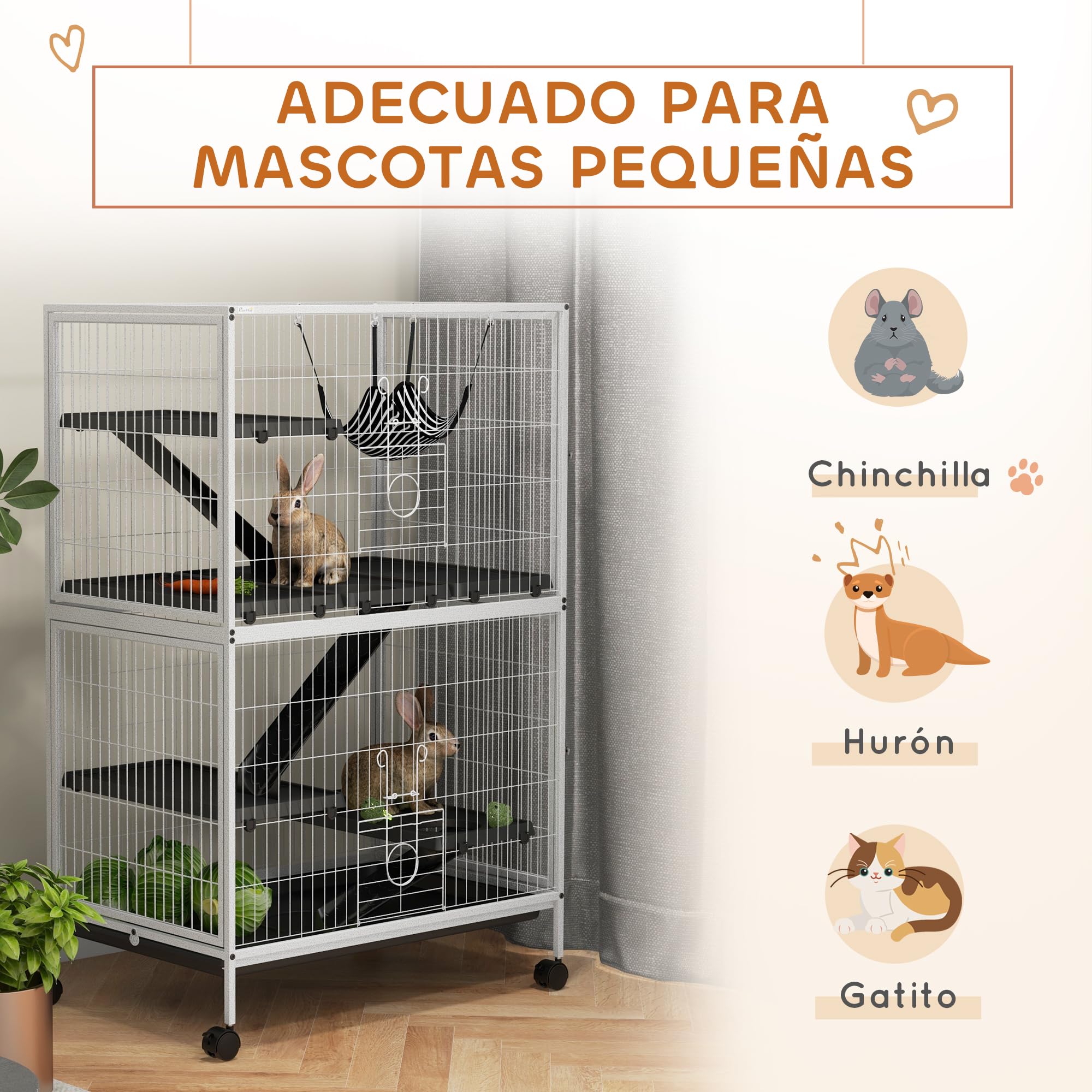 PawHut Gabbia per piccoli animali a 4 livelli, 80 x 52 x 128 cm, bianco | Gabbia per roditori, ruote, rampe, amaca sospesa, vassoio rimovibile, recinto per conigli, cincillà, furetti