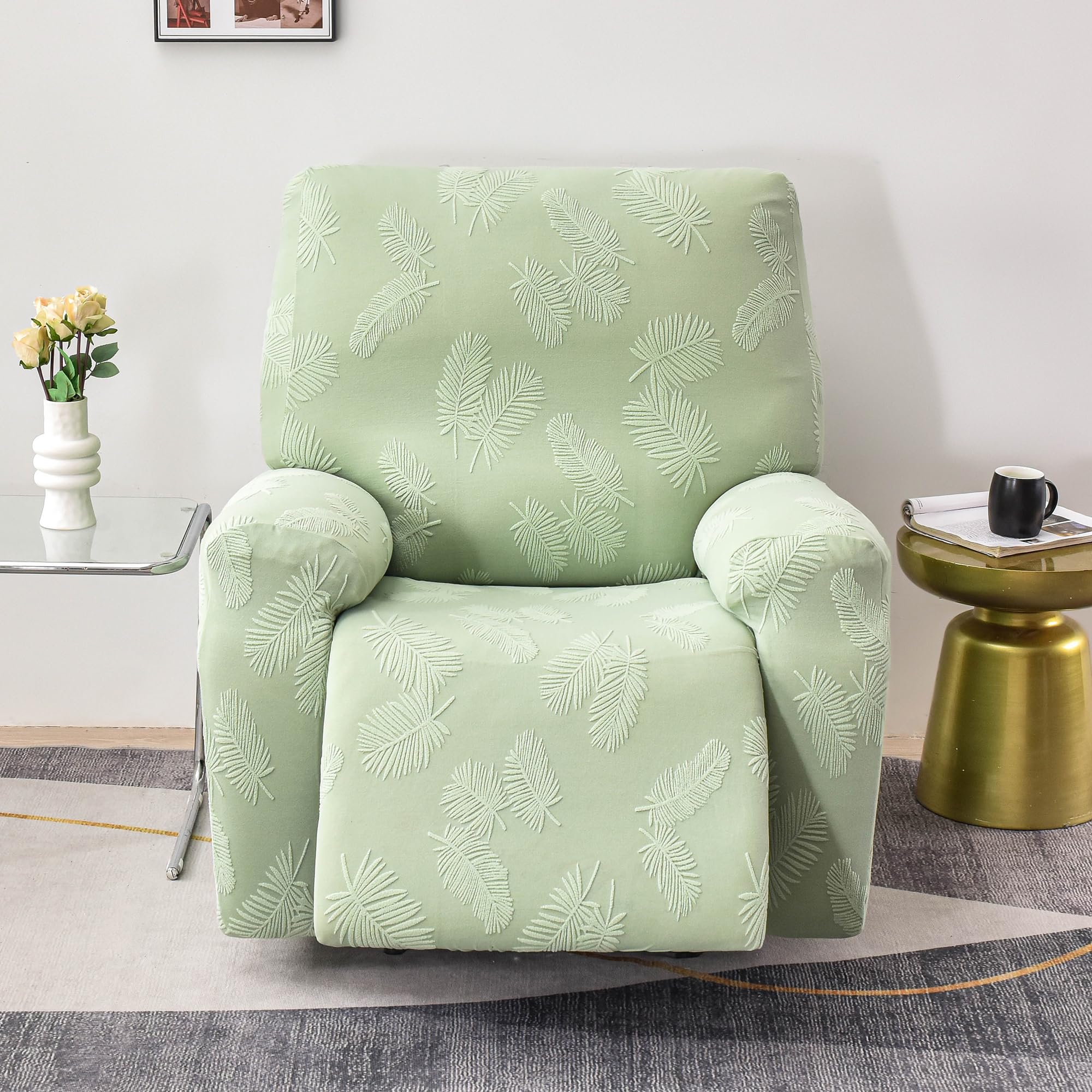 PENDEJATO Stretch Recliner Chair Covers, 4-Piece Recliner Slipcover Soft Jacquard Lazyboy Recliner Cover Non Slip Furniture Protector with Pocket (Light Green)