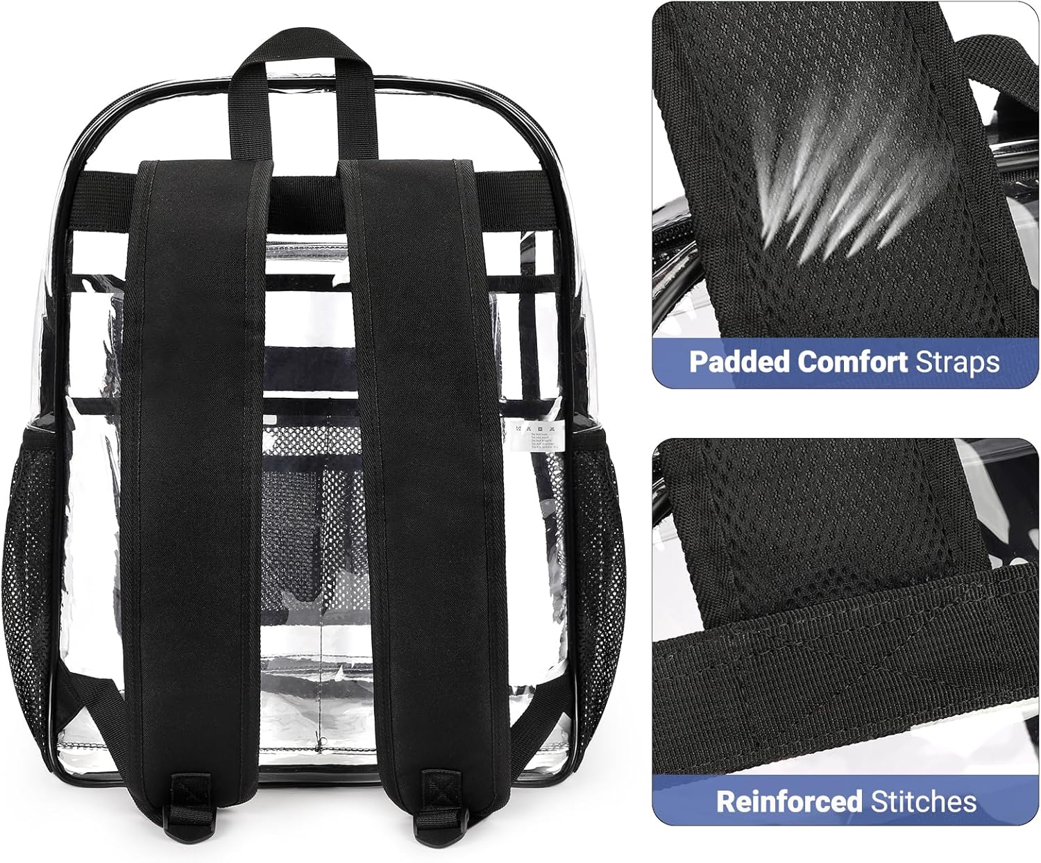ZORFIN Clear Backpack Heavy Duty for School – 18in Transparent PVC Bag with Large Capacity & Reinforced Straps for Men, Women, Boys & Girls - See Through Bookbag for College Workplace Security, Black - Image 6