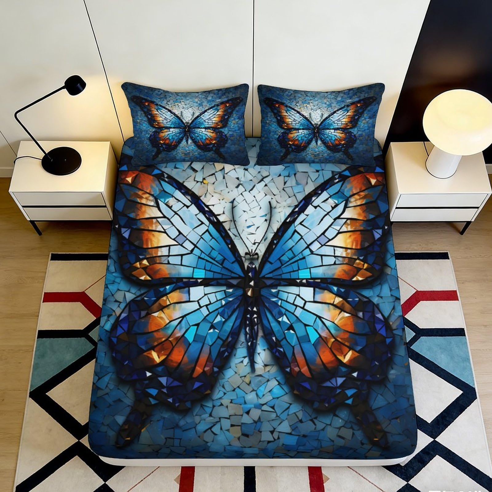 3D Printed Mosaic Butterfly Fitted Sheet Microfiber Soft Blue Orange Bed Cover for Bedroom Dorm Mattress Protection 140x200x25cm