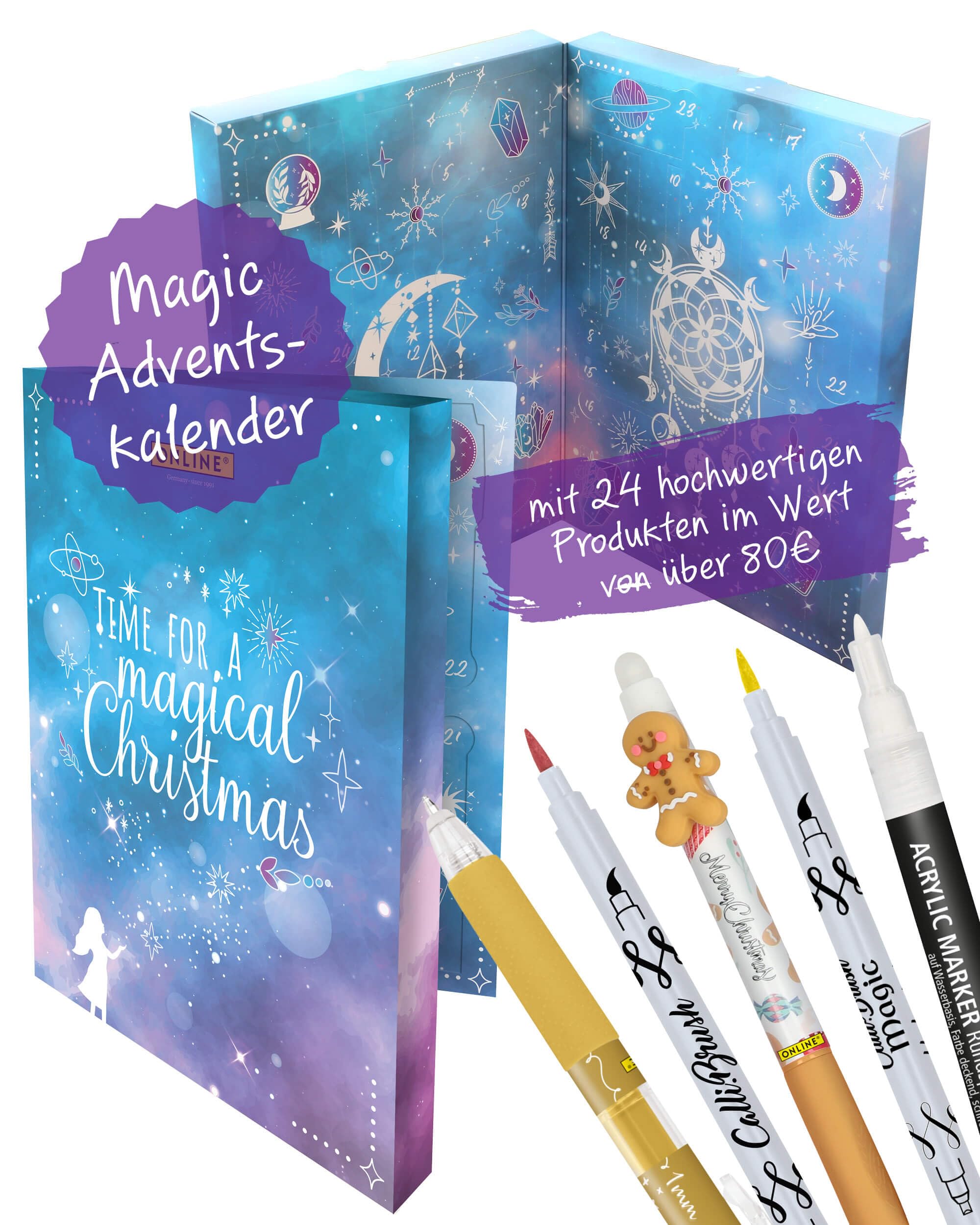 ONLINE Calendrier de l'Avent magique 2025 | Calendrier créatif pour adolescents, filles, garçons et adultes | Calendrier de l'Avent de papeterie avec stylos magiques, crayons de correction | Stylos