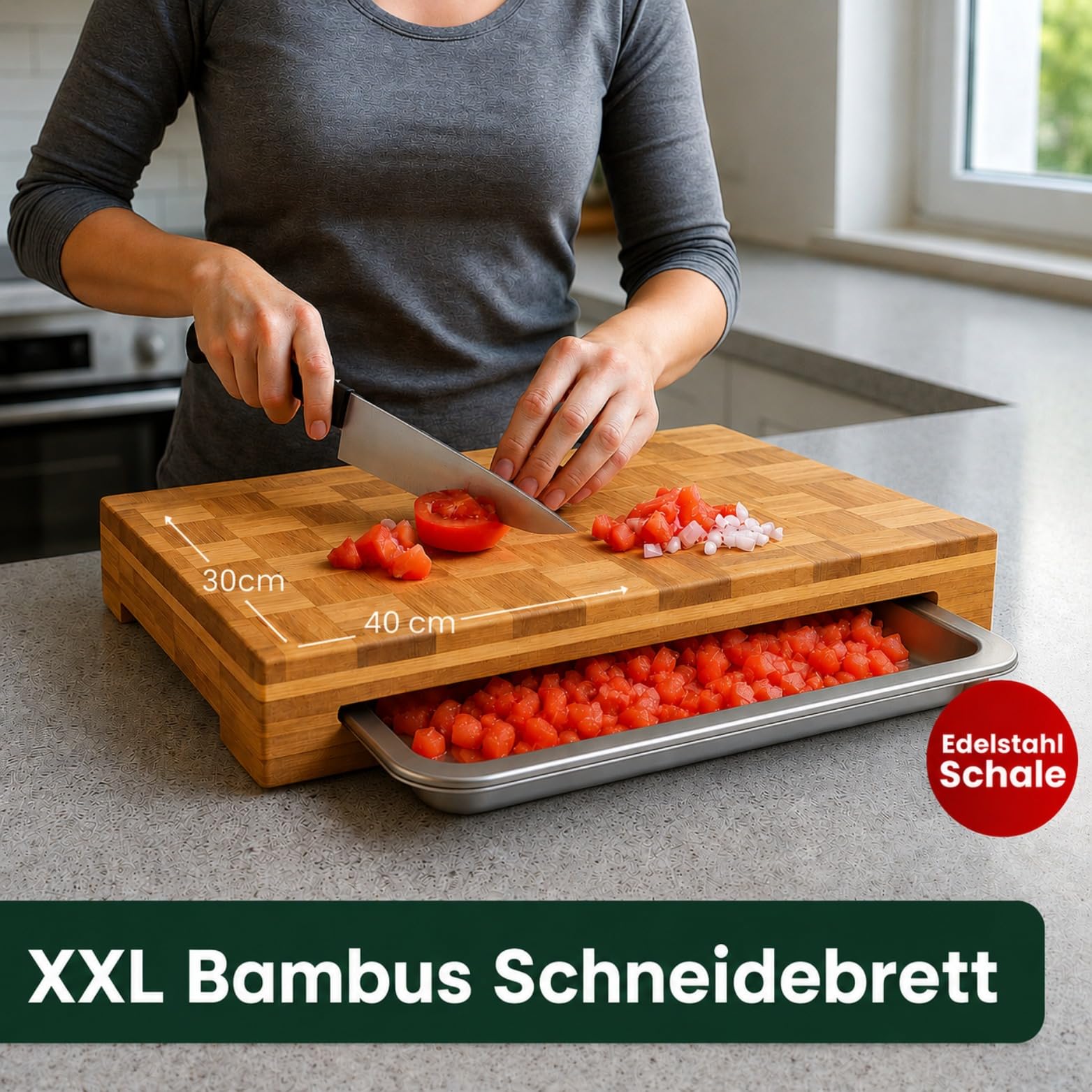 Schneidebrett Holz mit Auffangschale – Großes Premium Bambus Schneidbrett – Frankfurter Brett–(40x30x6cm) Holzbrett mit Auffangschale aus Edelstahl-Einweihungsgeschenk Haus/Wohnung