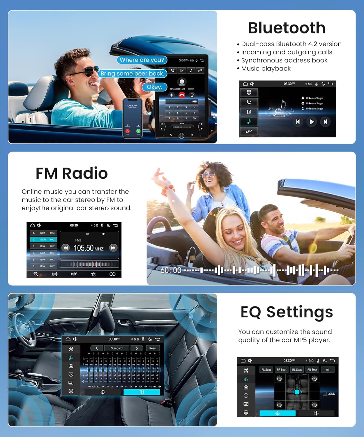 Combined image showing Bluetooth call interface, FM radio screen, and EQ settings interface