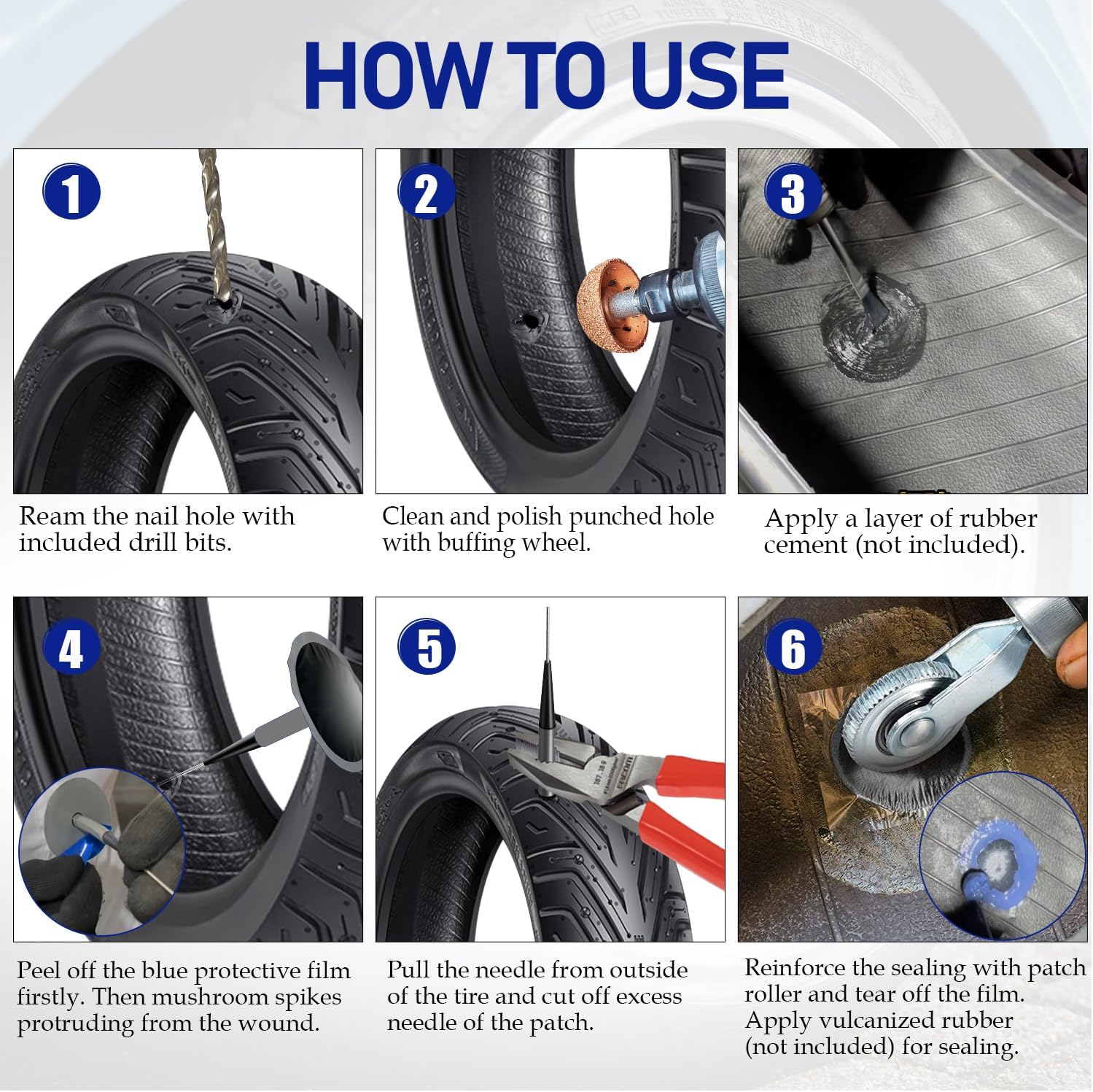 Tire Repair Patch Tool Kit Including 24pcs Tire Patch Plugs, Tungsten Buffing Wheel, Tire Patch Roller with 4mm Twist Drill Bits for Vehicle