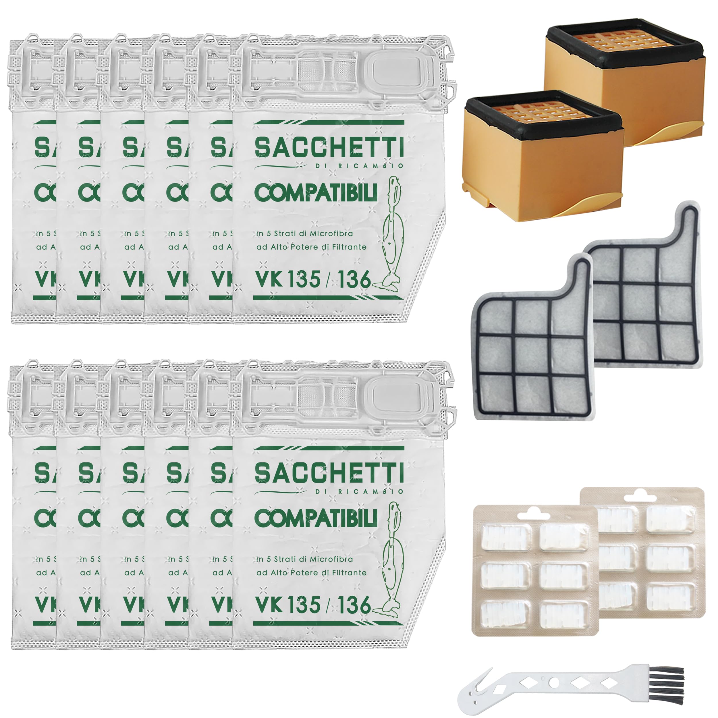 Kit Sacchetti compatibile per Folletto VK135 VK136 FP 135 FP 136 | 12 Sacchetti Aspirapolvere Microfibra a 5 Strati con 2 Filtro HEPA e 2 Filtri Motore (kit da 12 Sacchetti)