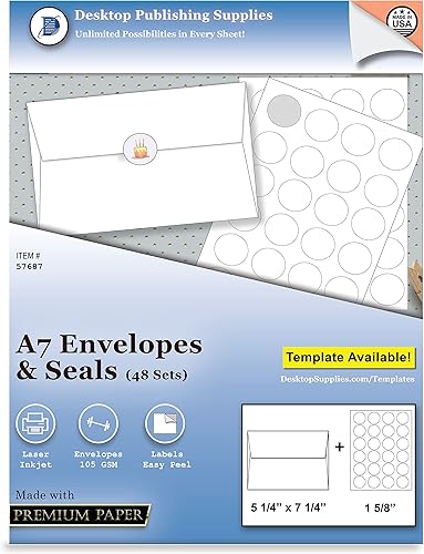Sobres y sellos de 5 x 7 pulgadas, 48 juegos, tamaño A7 grueso (5.25 x 7.25 pulgadas) con etiquetas personalizables para un fácil autosellado.