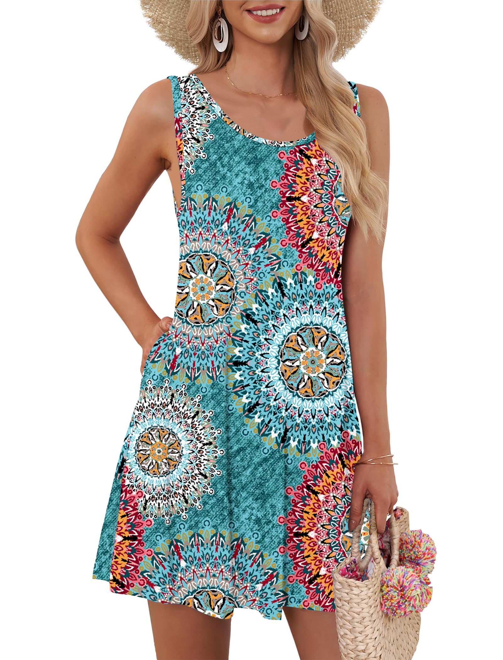 AUSELILY Sommerkleid Damen Rundhals Knielang Freizeitkleider Strand Trägerkleid mit Taschen