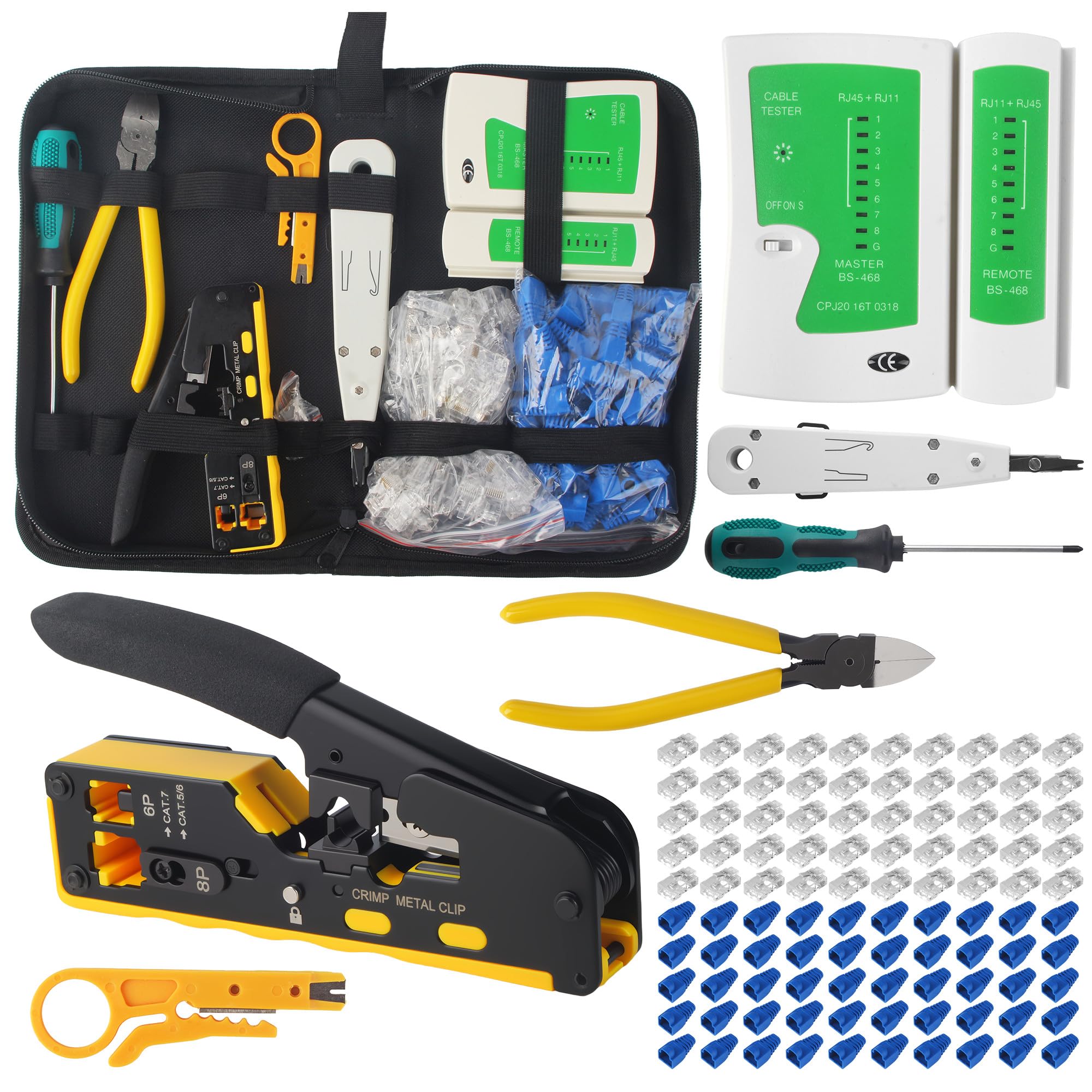 Kit d'outils réseau, connecteurs RJ45 traversants pour câbles Cat5, Cat6 et Cat7 avec 50 connecteurs Cat6, connecteurs Cat7, outil de sertissage, kit de réparation réseau RJ45/RJ11/RJ12