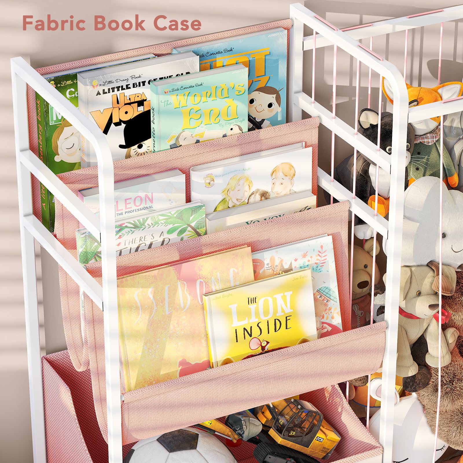 Estantería para niños y almacenamiento de animales de peluche, estantes multifuncionales para libros de guardería con caja de juguetes de cuero y exhibición de libros de PVC, organizador de 5